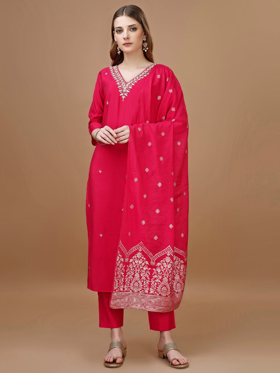 

KALINI Embroidered Beads and Stones Chanderi Cotton Straight Kurta With Trousers & Dupatta, Pink