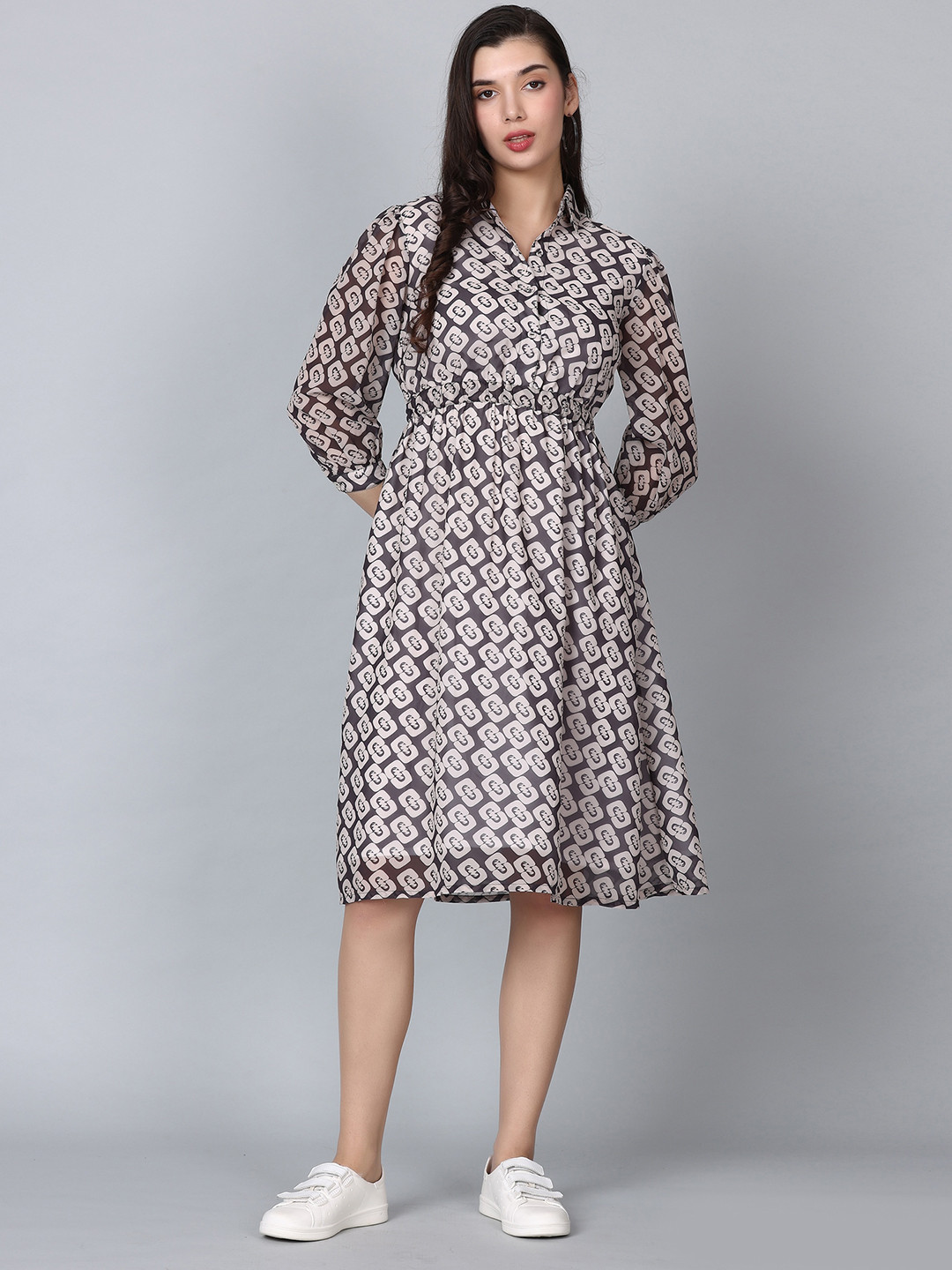 

HAUTEQUE Print Puff Sleeve Fit & Flare Dress, Beige