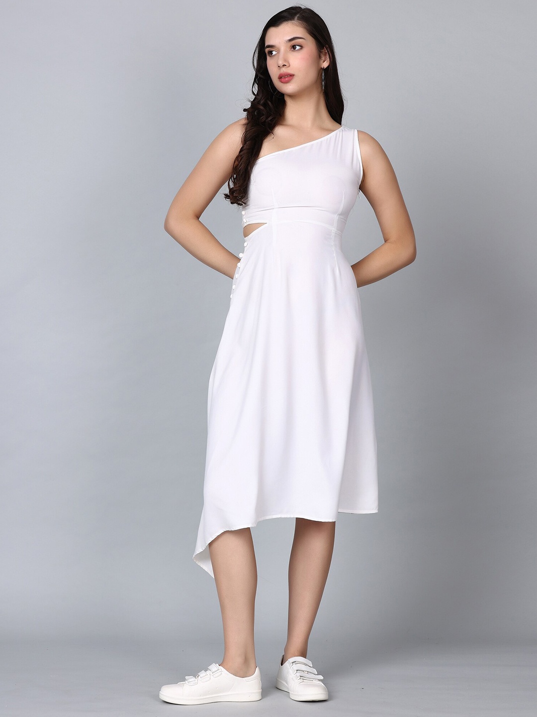 

HAUTEQUE One Shoulder Sleeveless Fit & Flare Midi Dress, White