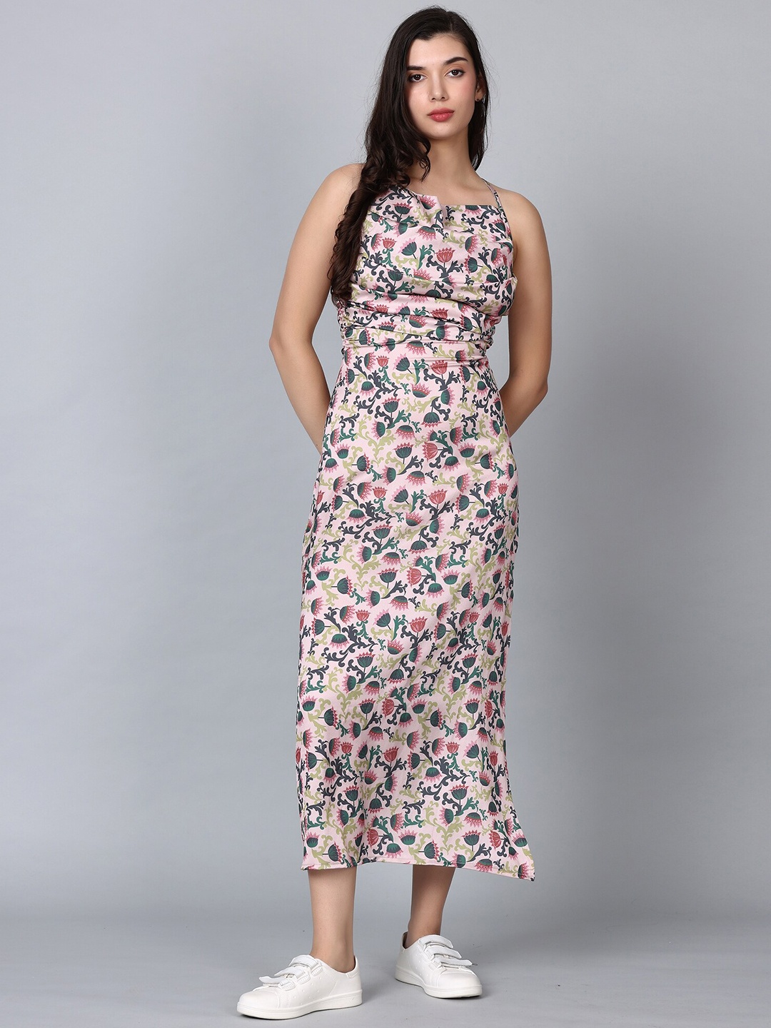 

HAUTEQUE Floral Printed Shoulder Straps Sleeveless Maxi Midi Dress, Beige