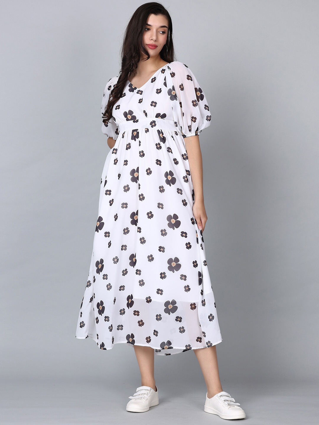 

HAUTEQUE Floral Print Puff Sleeve Empire Midi Dress, White