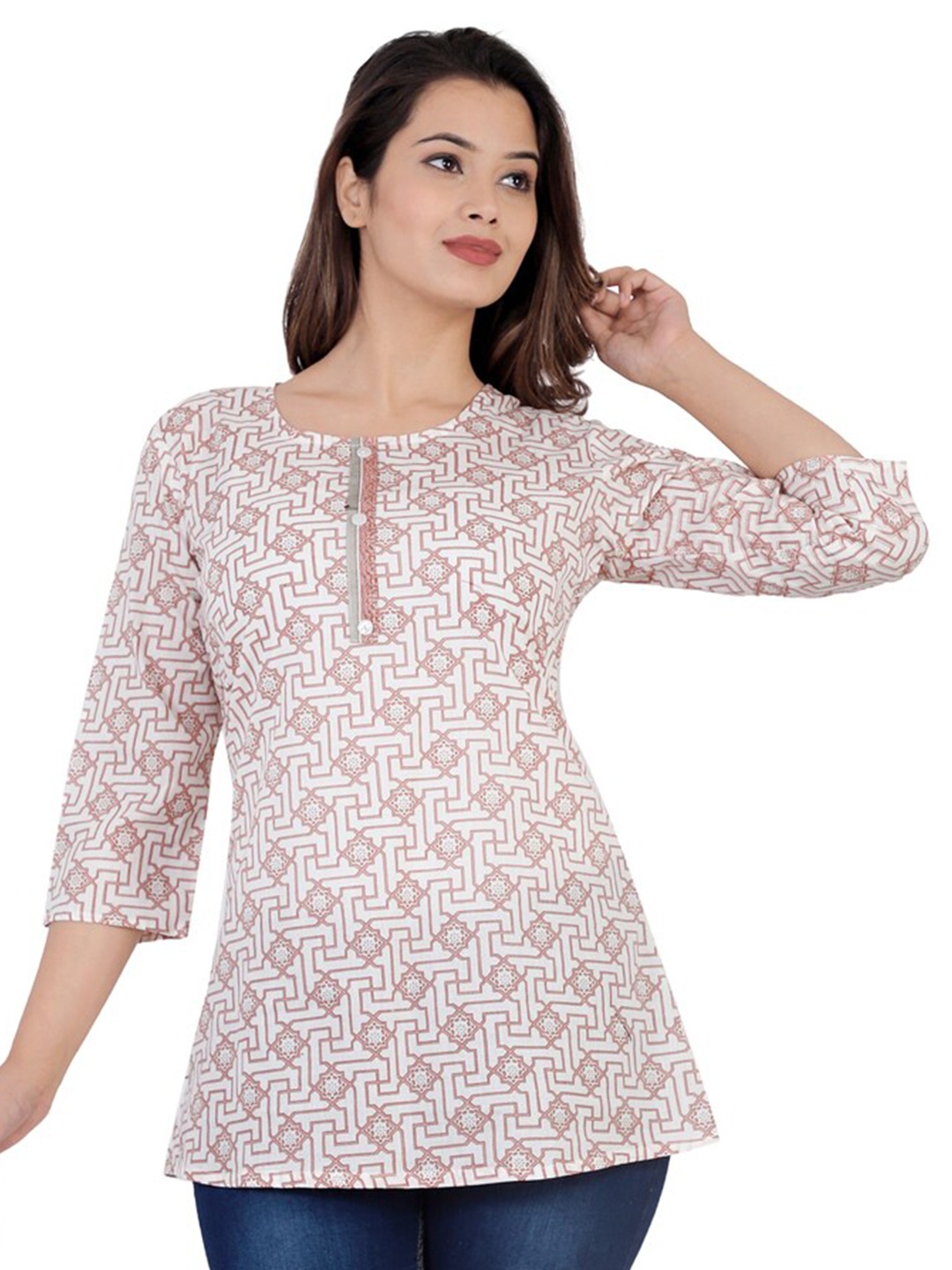 

BAESD Geometric Printed Cotton Regular Top, White