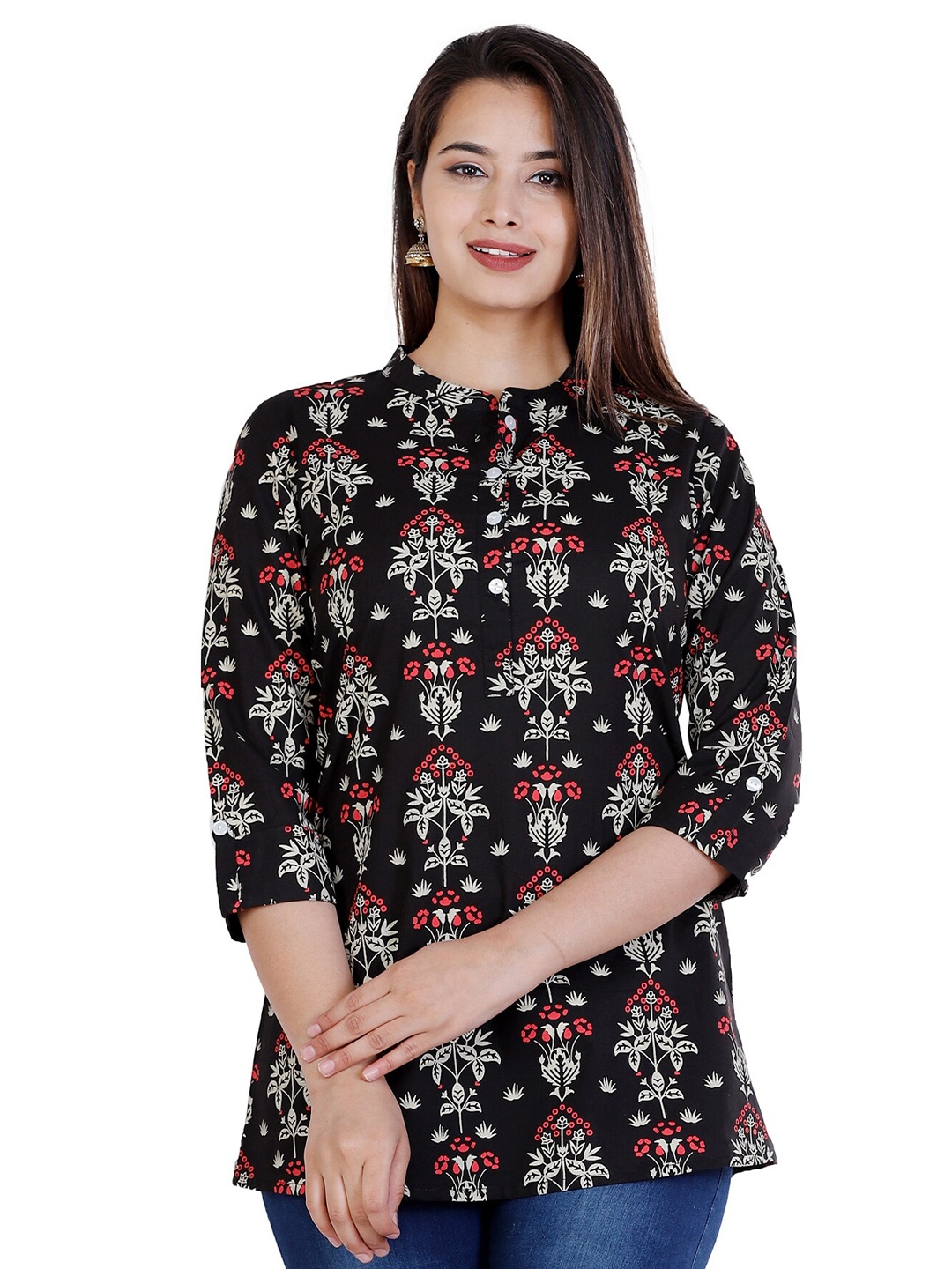 

BAESD Floral Printed Mandarin Collar Pure Cotton Top, Black