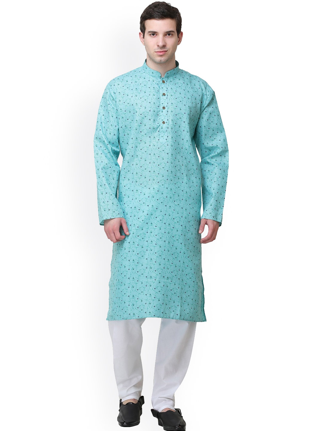 

Exotic India Floral Printed Regular Pure Cotton Straight Kurta With Pyjamas, Green