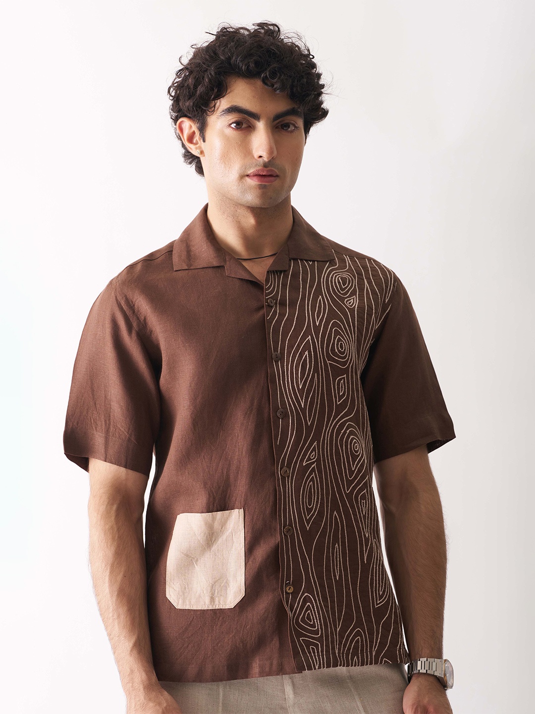 

Cultura Studio Comfort Abstract Embroidered Linen Shirt, Brown