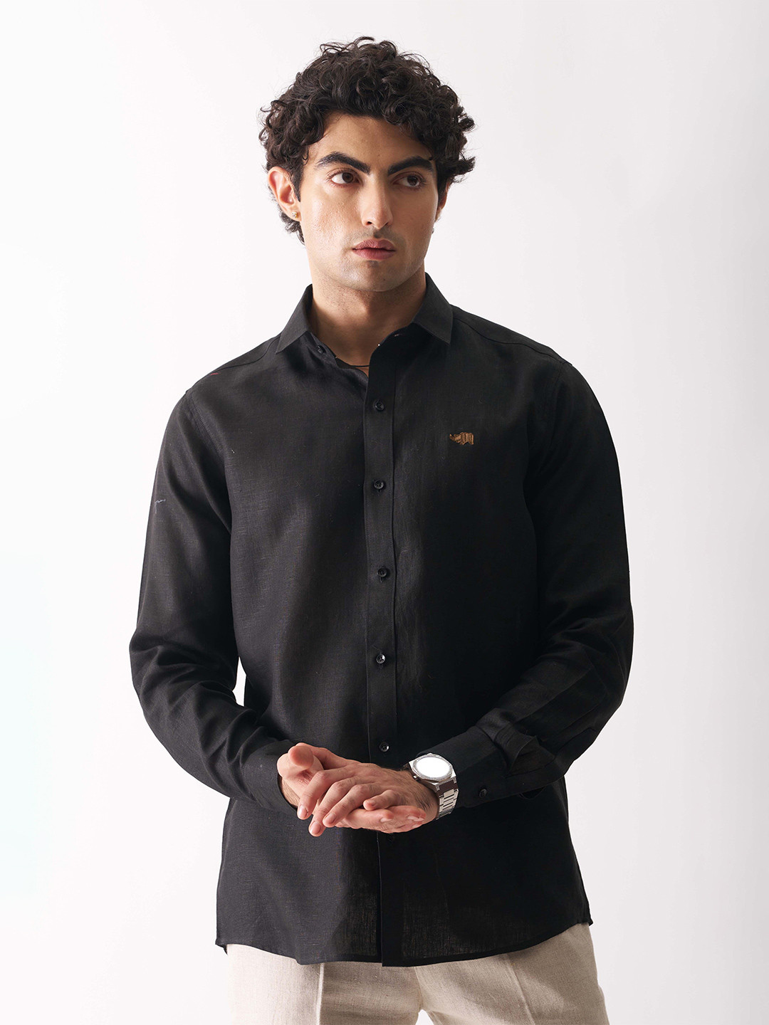 

Cultura Studio Comfort Fit Spread Collar Long Sleeves Linen Casual Shirt, Black