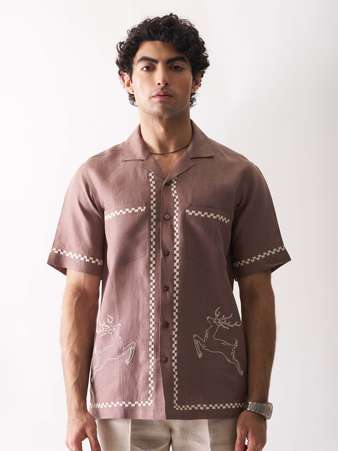 

Cultura Studio Cuban Collar Linen Casual Shirt, Coffee brown