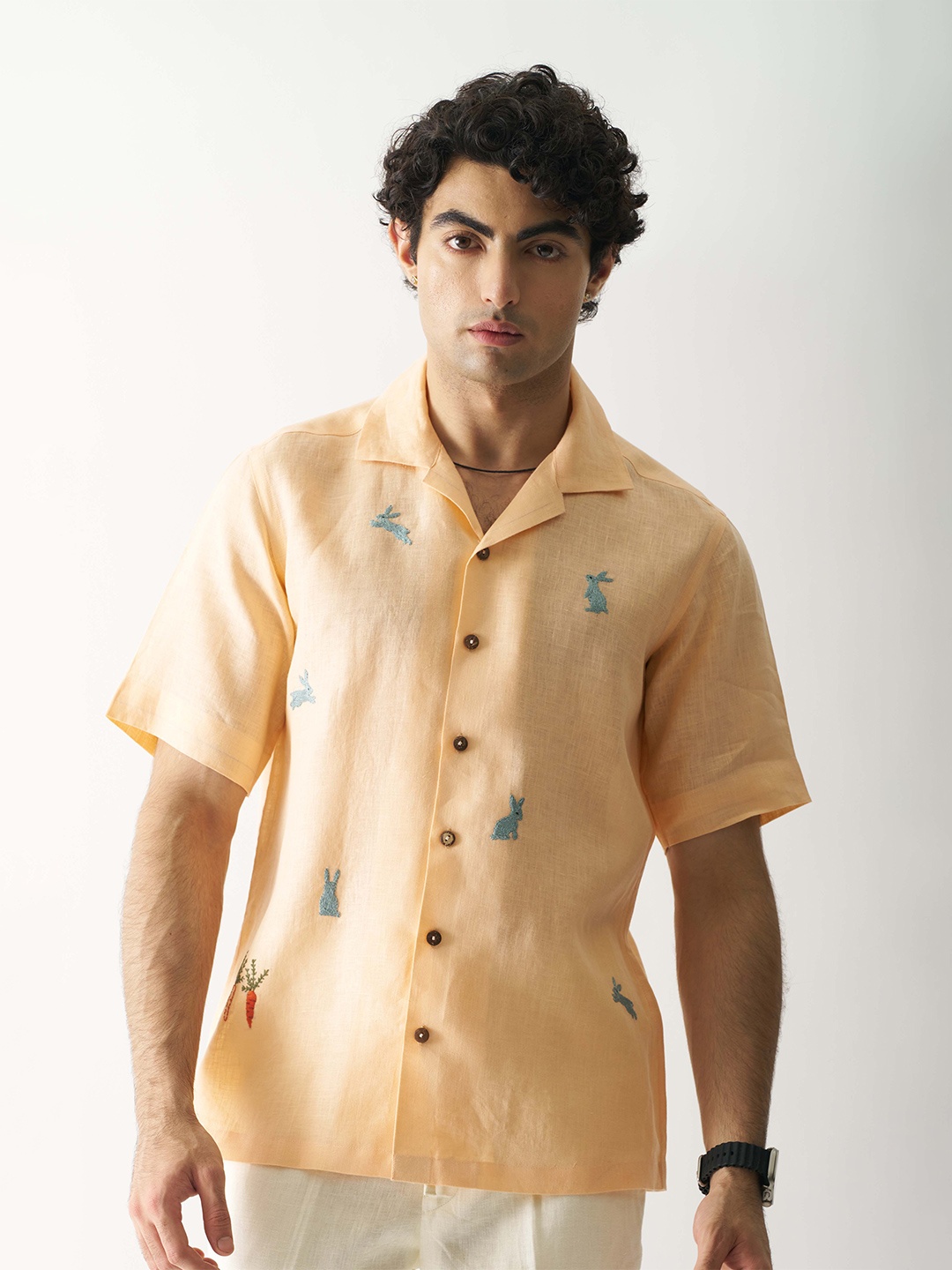 

Cultura Studio Comfort Cuban Collar Printed Linen Casual Shirt, Peach