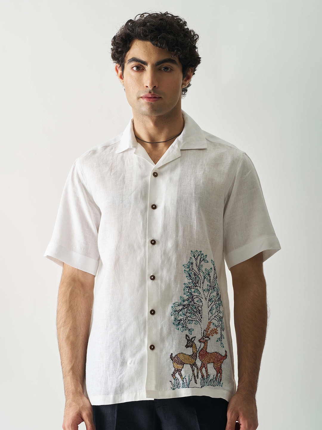 

Cultura Studio Comfort Abstract Embroidered Linen Shirt, White