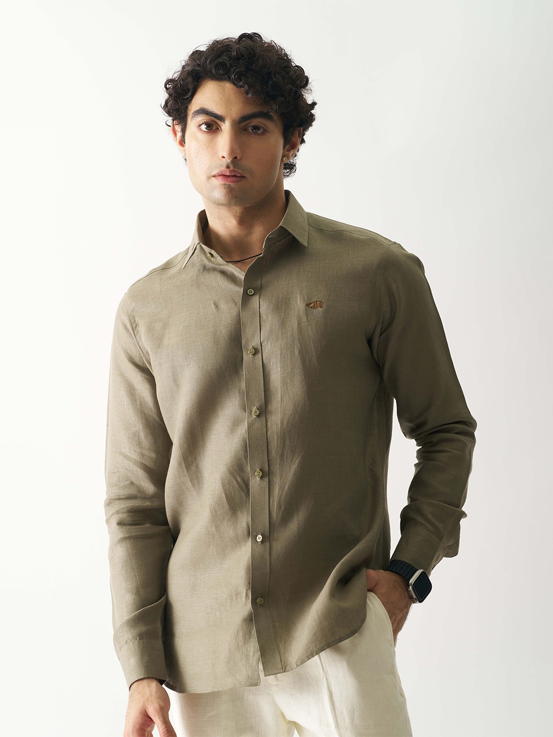 

Cultura Studio Comfort Linen Full Sleeve Casual Shirt, Olive