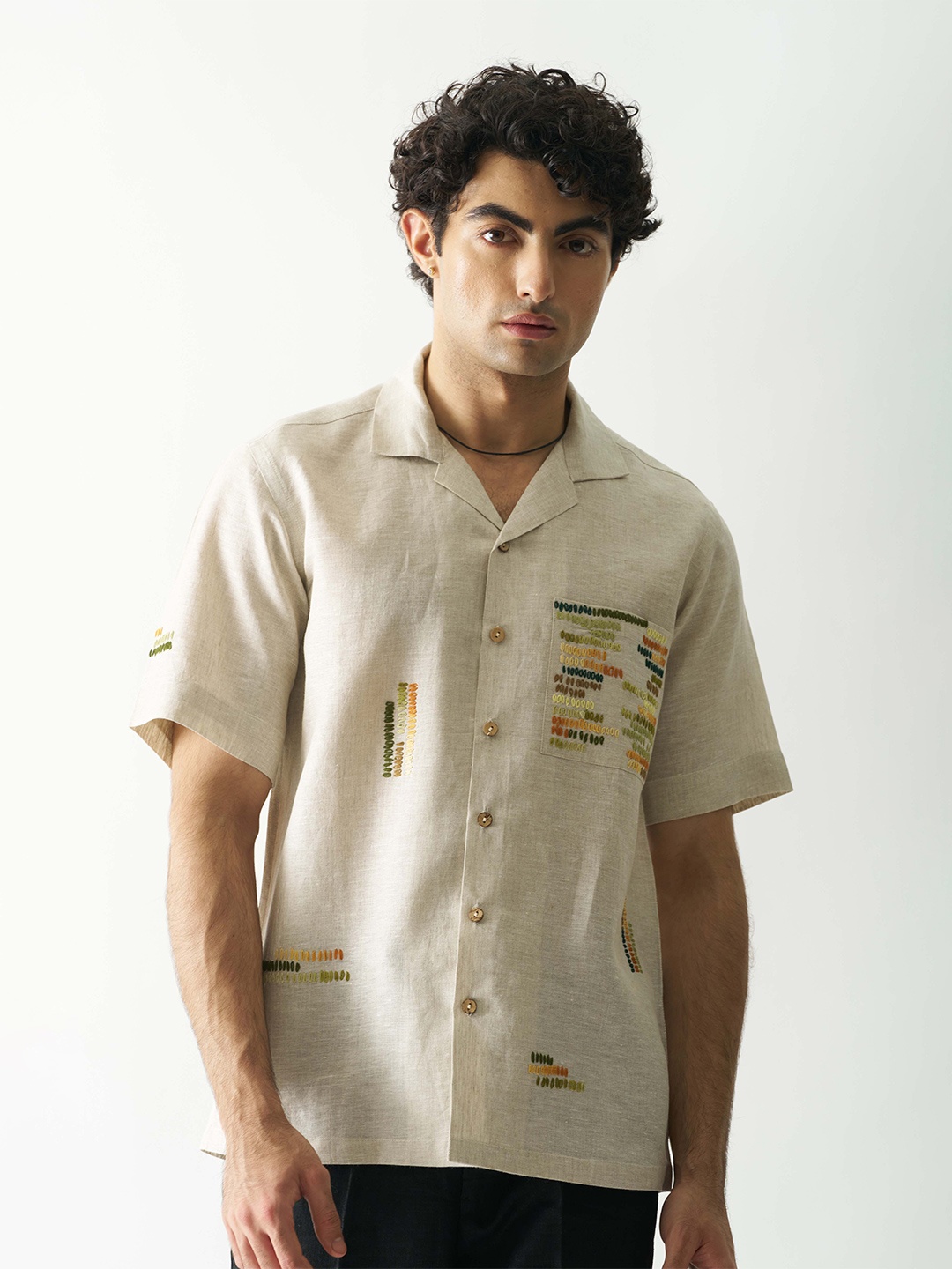 

Cultura Studio Comfort Typography Embroidered Linen Shirt, Beige