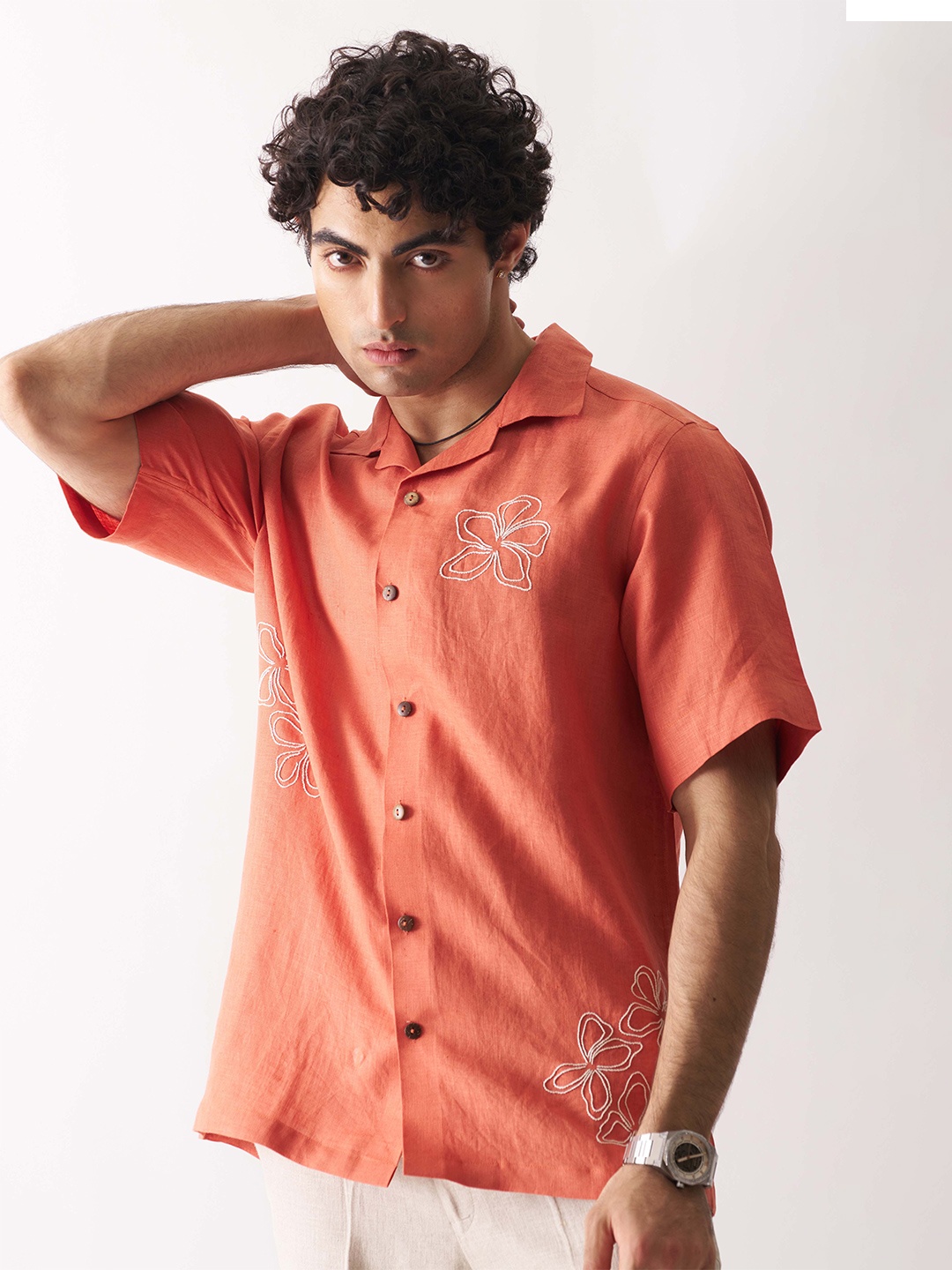 

Cultura Studio Comfort Floral Embroidered Linen Shirt, Coral