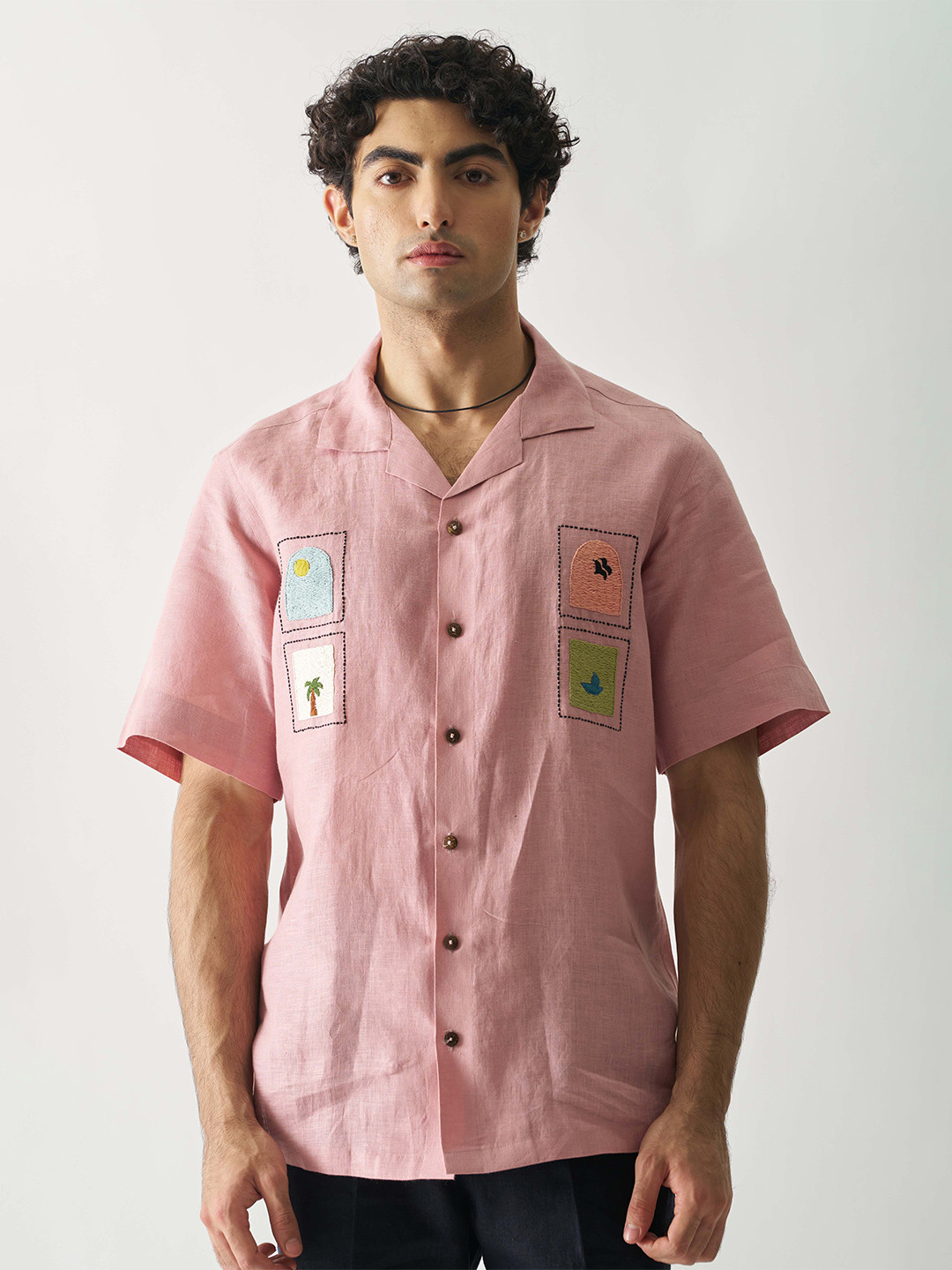 

Cultura Studio Comfort Abstract Embroidered Linen Shirt, Rose