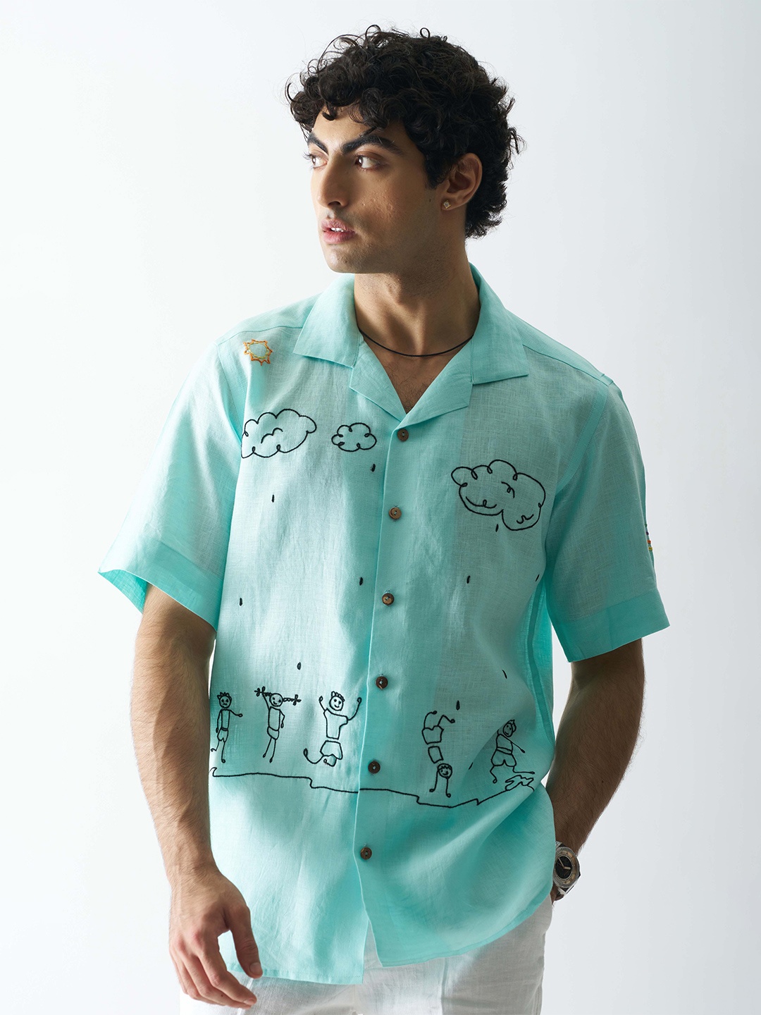 

Cultura Studio Comfort Cuban Collar Floral Printed Linen Casual Shirt, Turquoise blue