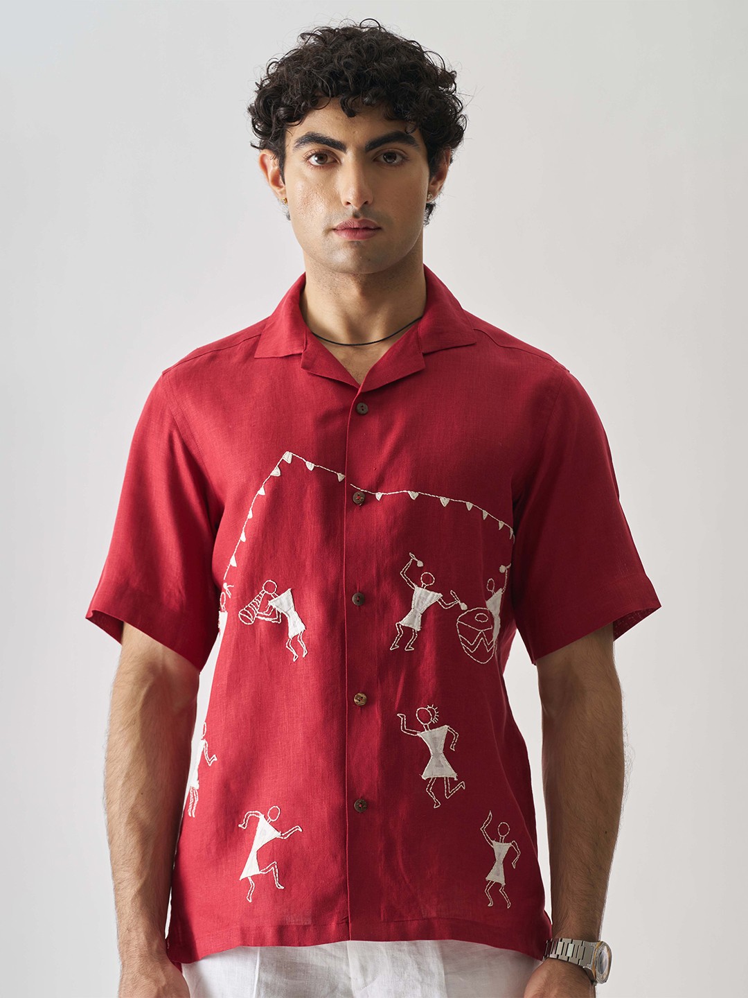 

Cultura Studio Comfort Abstract Embroidered Linen Shirt, Maroon
