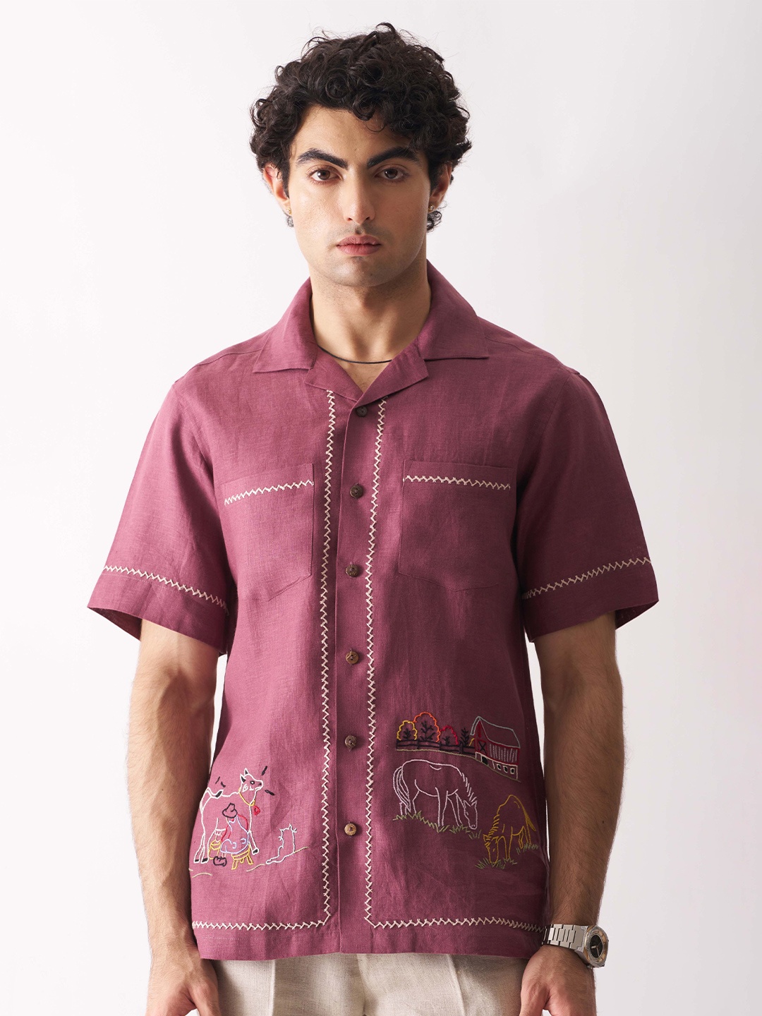 

Cultura Studio Comfort Cuban Collar Linen Casual Shirt, Mauve