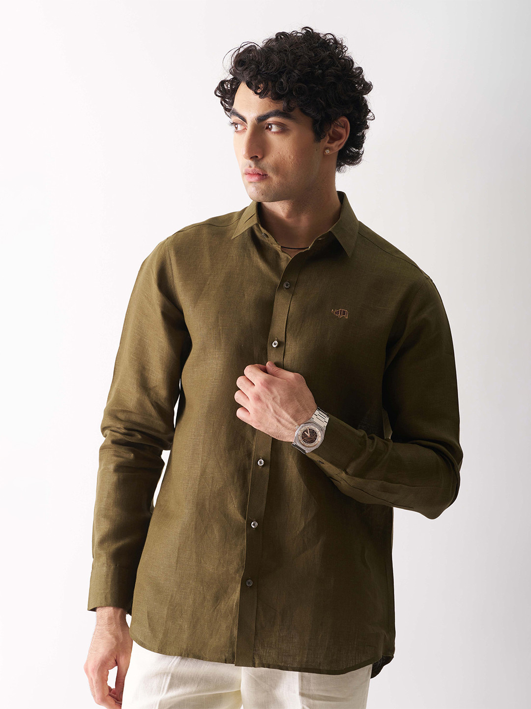 

Cultura Studio Comfort Spread Collar Linen Semiformal Shirt, Olive