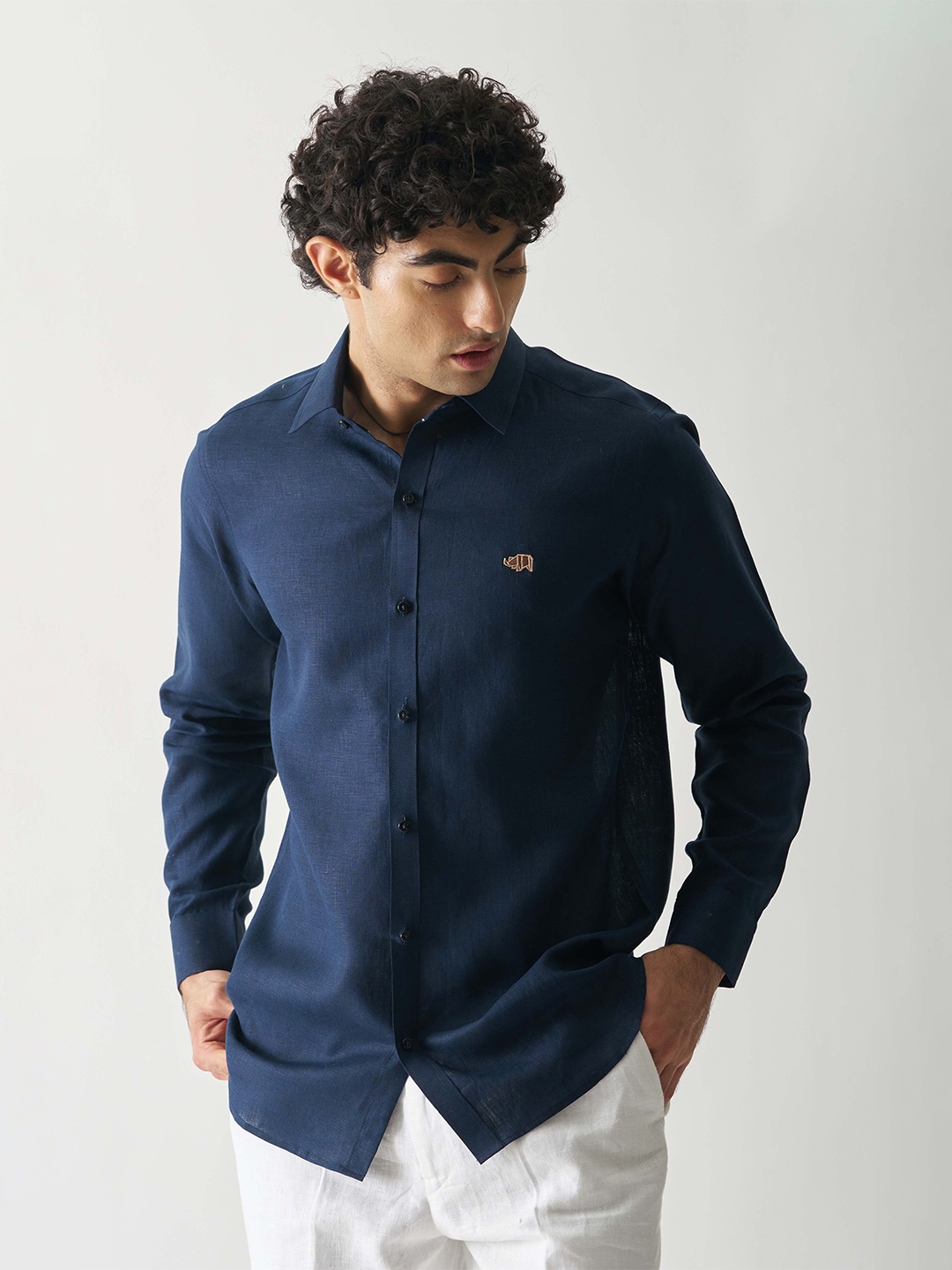 Cultura Studio Comfort Full Sleeve Linen Shirt, Navy blue