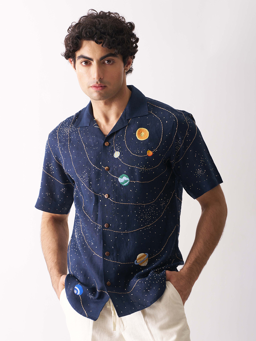 

Cultura Studio Comfort Cuban Collar Printed Linen Casual Shirt, Navy blue