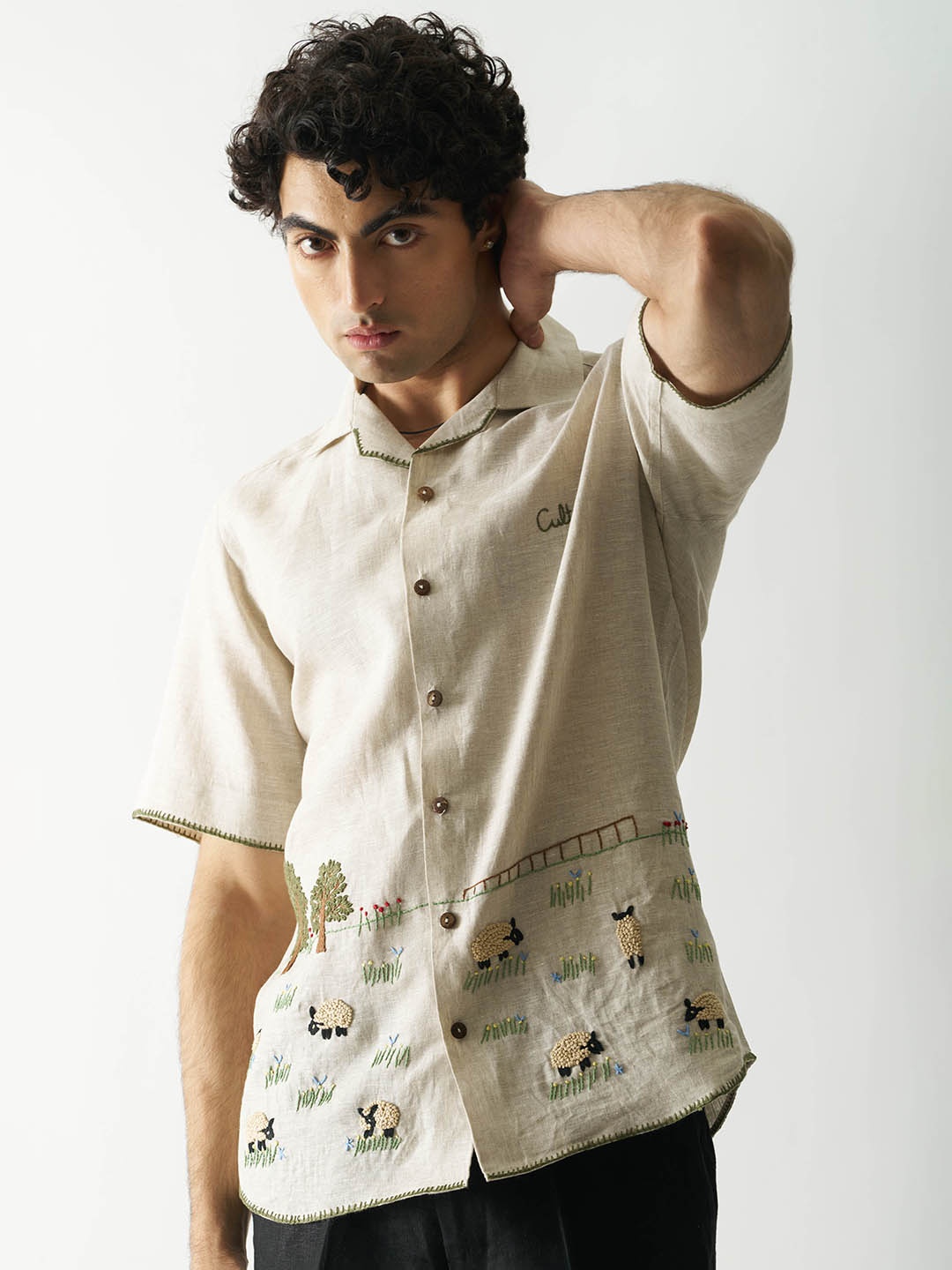 

Cultura Studio Men Comfort Abstract Embroidered Linen Shirt, Beige