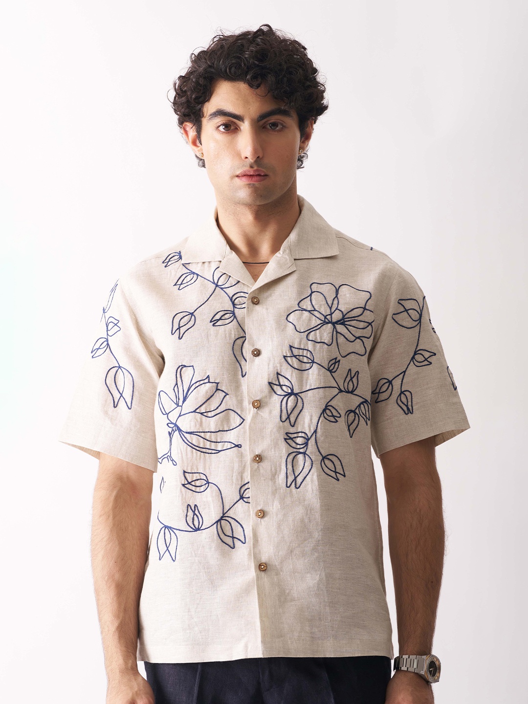 

Cultura Studio Comfort Floral Embroidered Linen Shirt, Beige