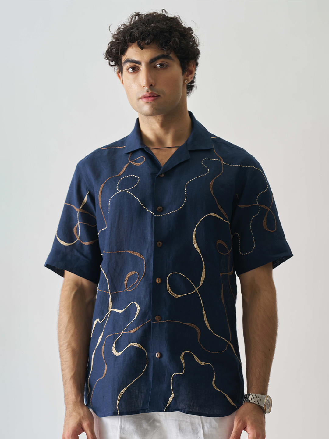 

Cultura Studio Comfort Abstract Embroidered Linen Shirt, Navy blue