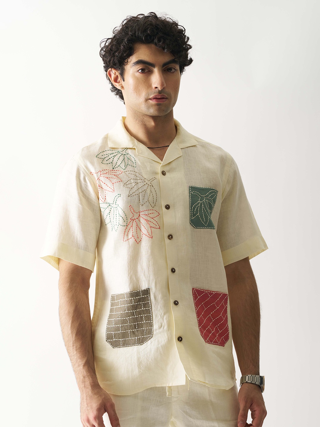 

Cultura Studio Comfort Cuban Collar Printed Linen Casual Shirt, Beige