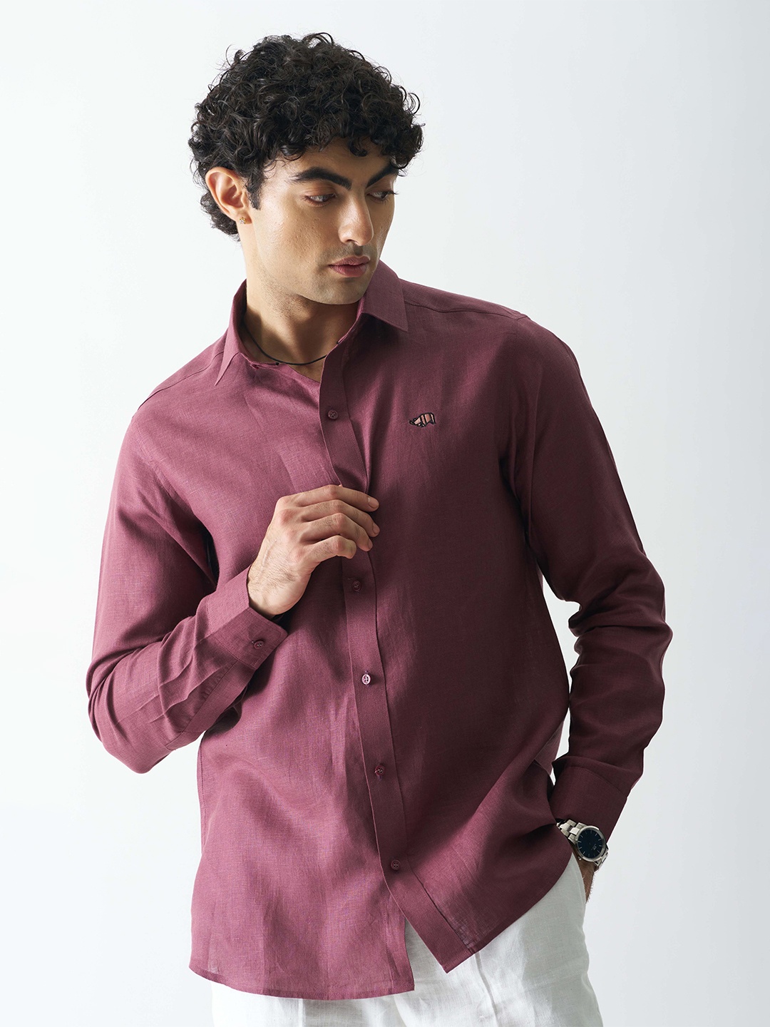 Cultura Studio Comfort Spread Collar Linen Semiformal Shirt, Mauve