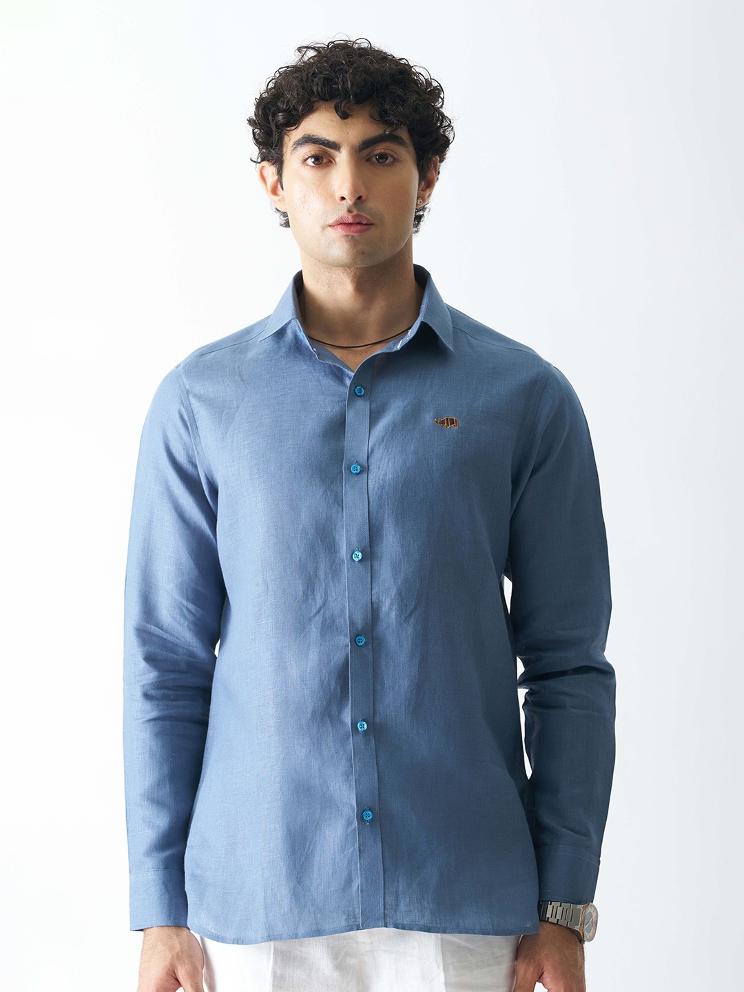 

Cultura Studio Comfort Fit Spread Collar Long Sleeves Linen Casual Shirt, Blue