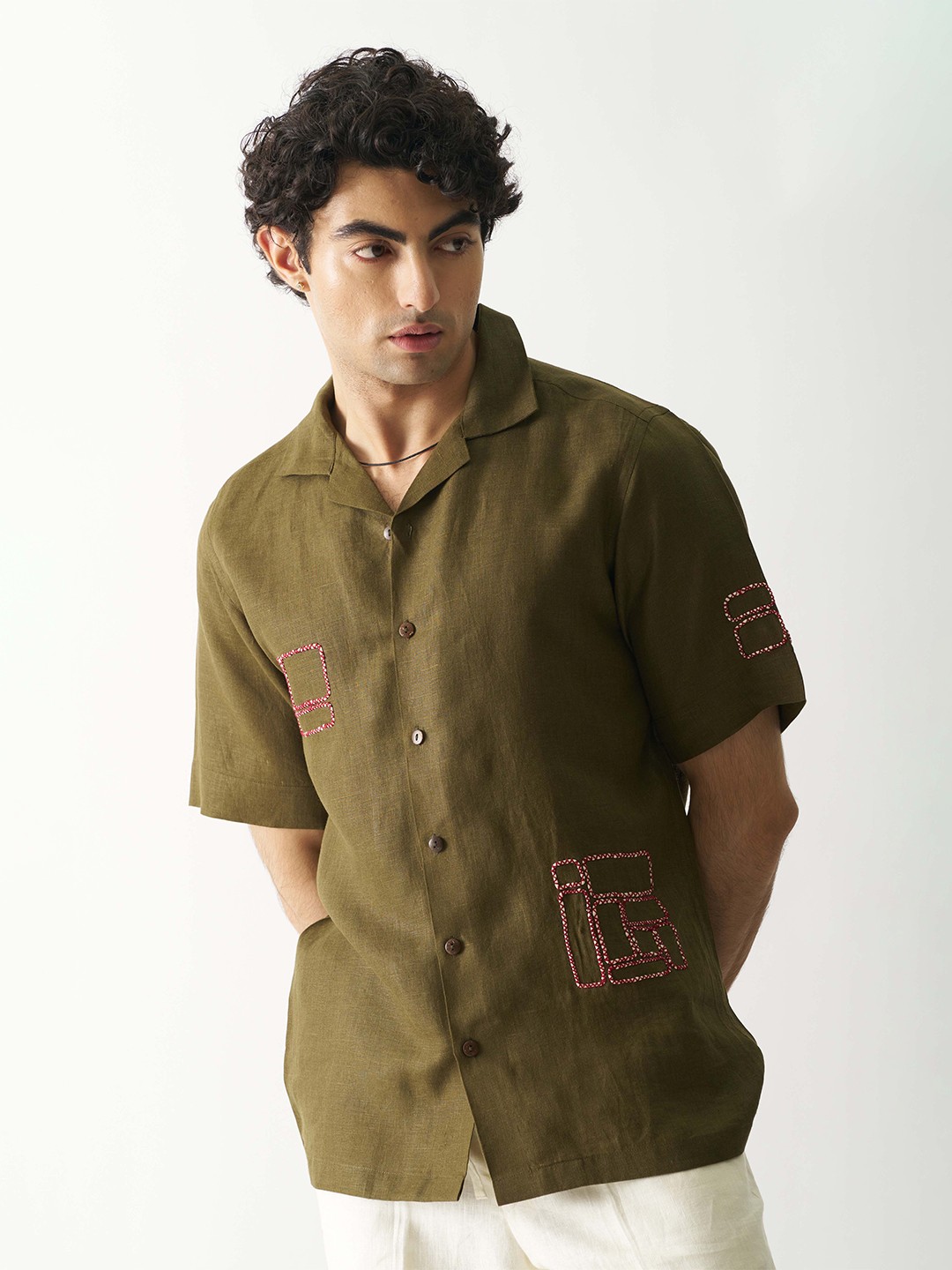 

Cultura Studio Comfort Abstract Embroidered Linen Shirt, Olive
