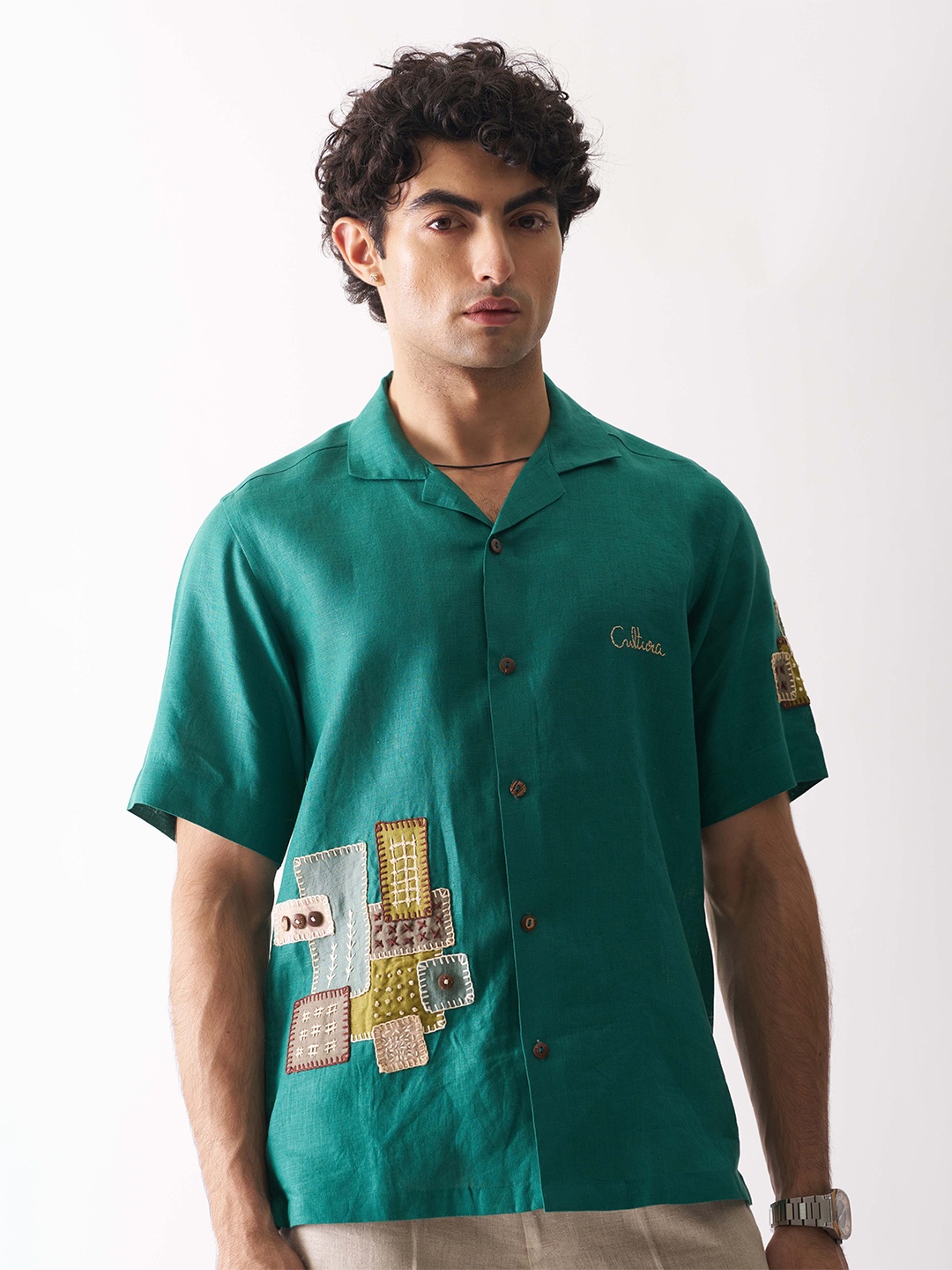 

Cultura Studio Comfort Applique Linen Shirt, Green