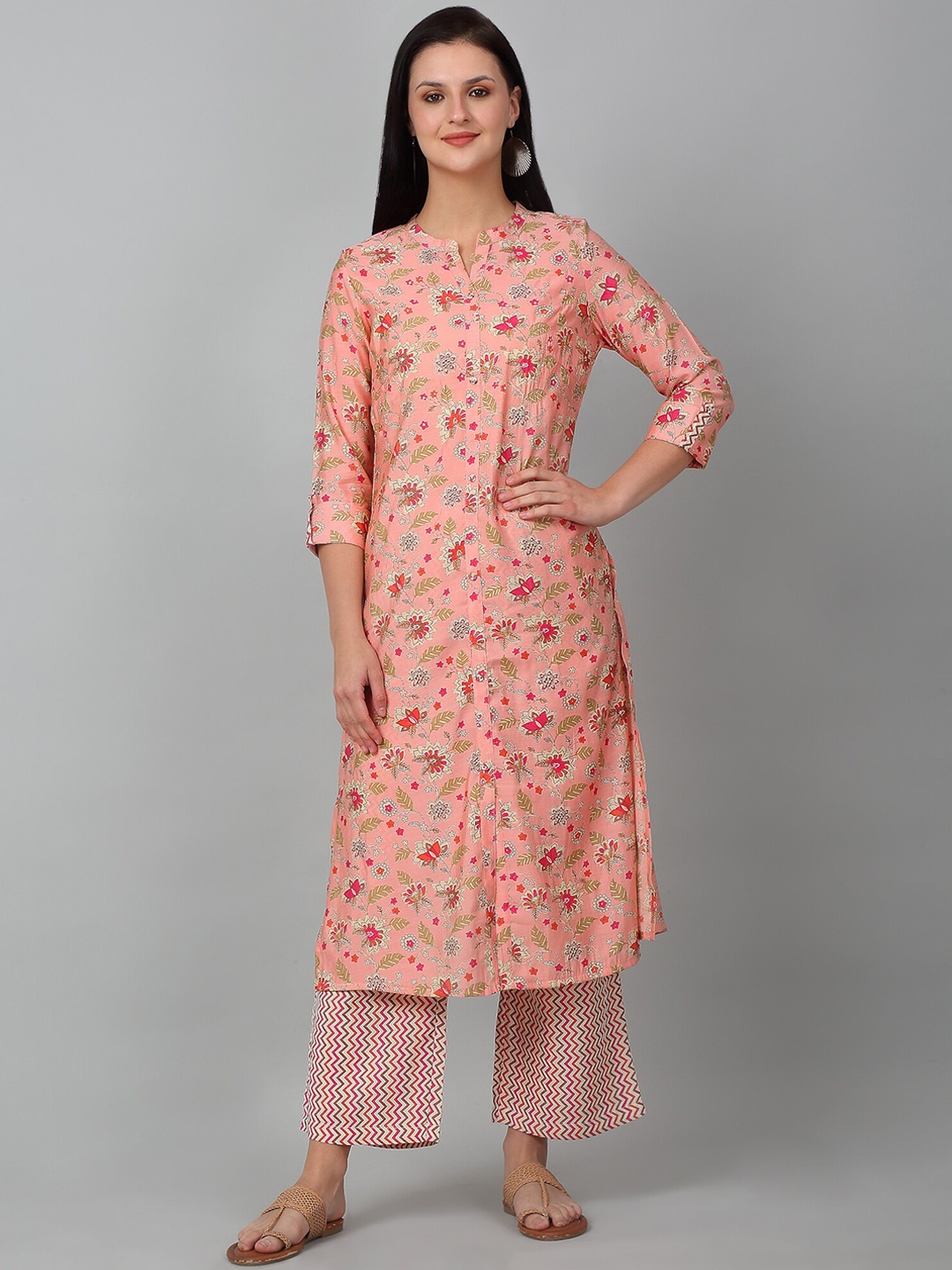 

Cantabil Floral Printed Band Collar Three-Quarter Sleeves Straight Kurta with Palazzos, Peach