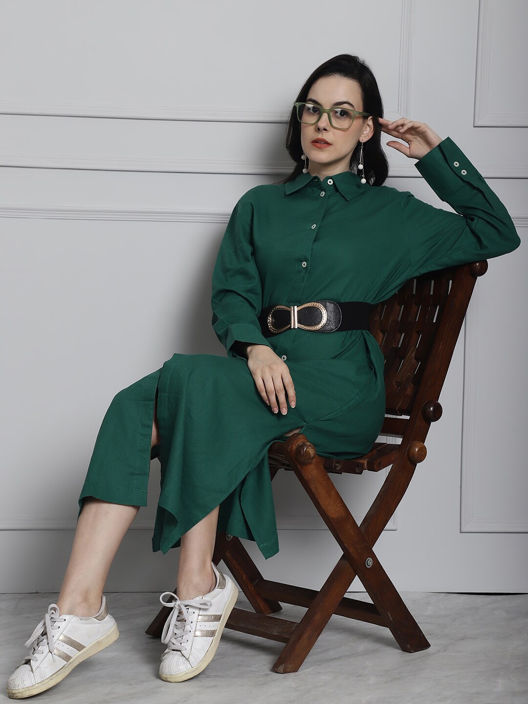 

NoBarr Shirt Collar Long Sleeves Linen Dress, Green