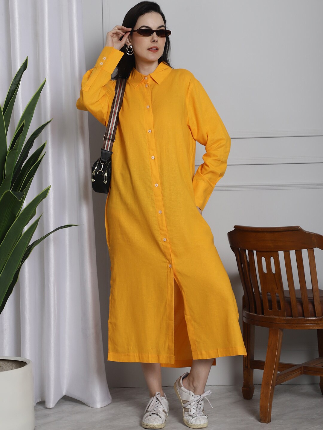 

NoBarr Shirt Collar Long Sleeves Linen Midi Dress, Yellow