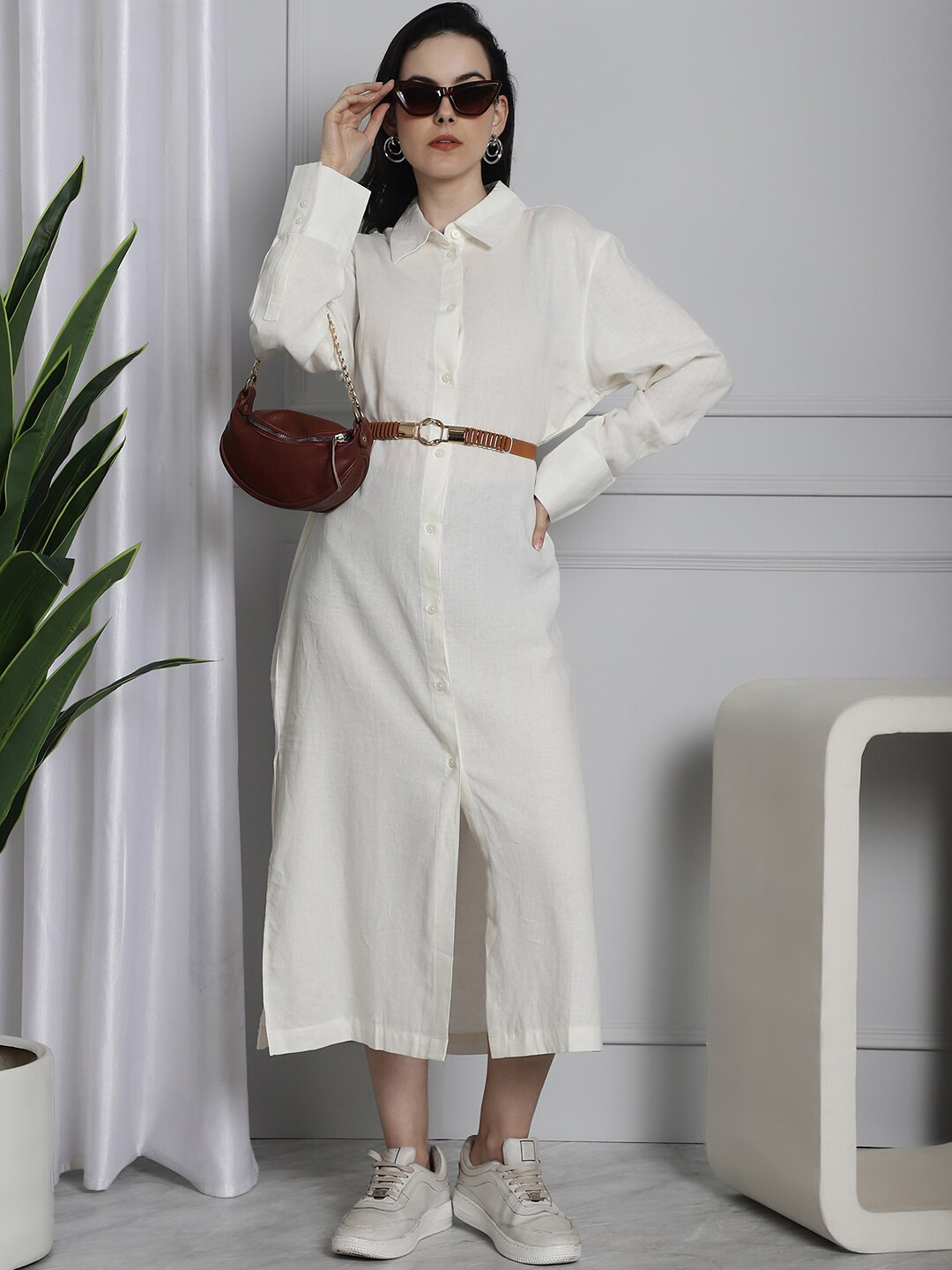 

NoBarr Shirt Collar Long Sleeves Linen Midi Dress, White
