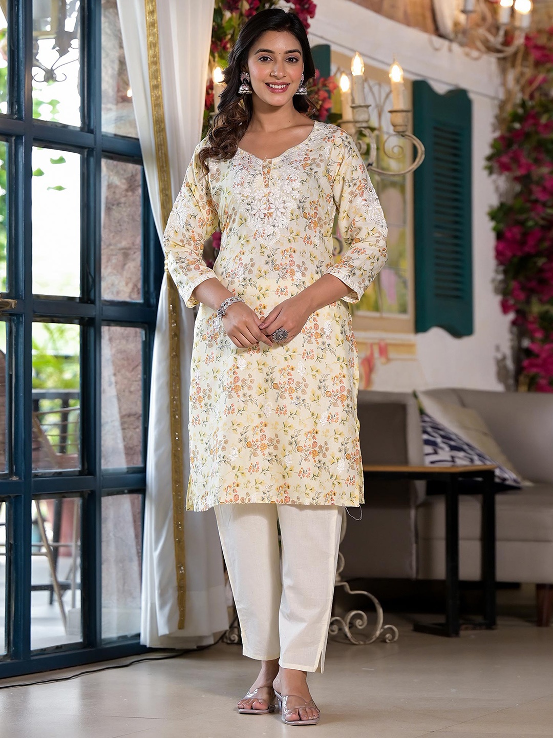 

Peachmode Round Neck Embroidered Straight Kurtas, Yellow