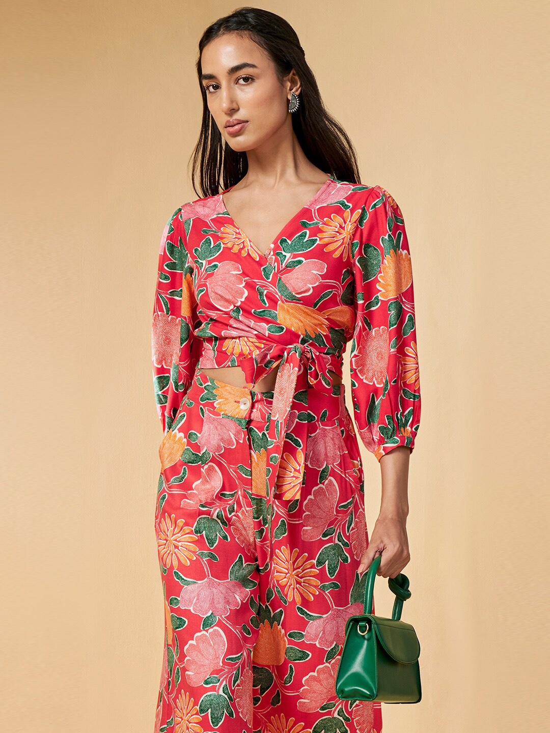 

Global Desi Floral Printed V-Neck Cuffed Sleeves Top With Trousers, Red