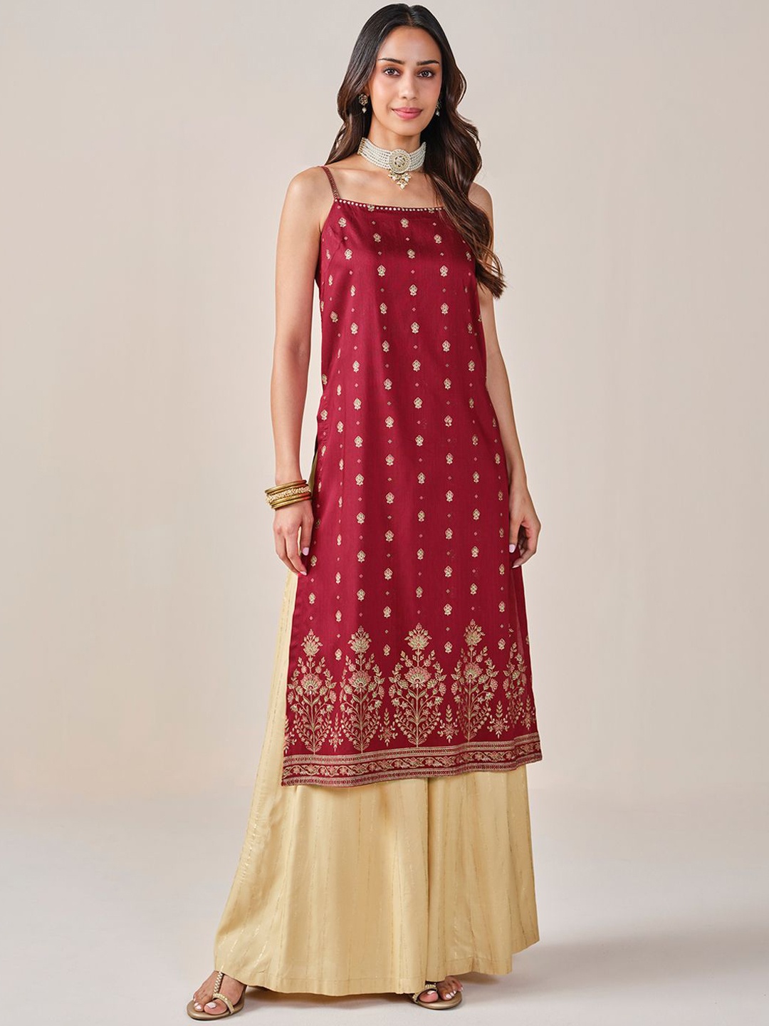 

Global Desi Ethnic Motifs Printed Shoulder Strap Straight Kurta, Red