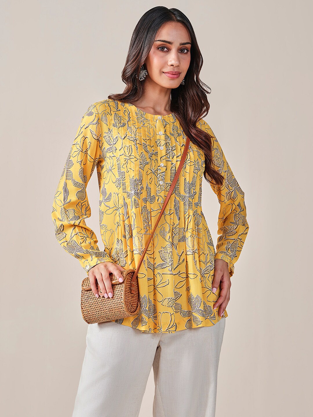 

Global Desi Floral Print Round neck Long Sleeves Top, Mustard