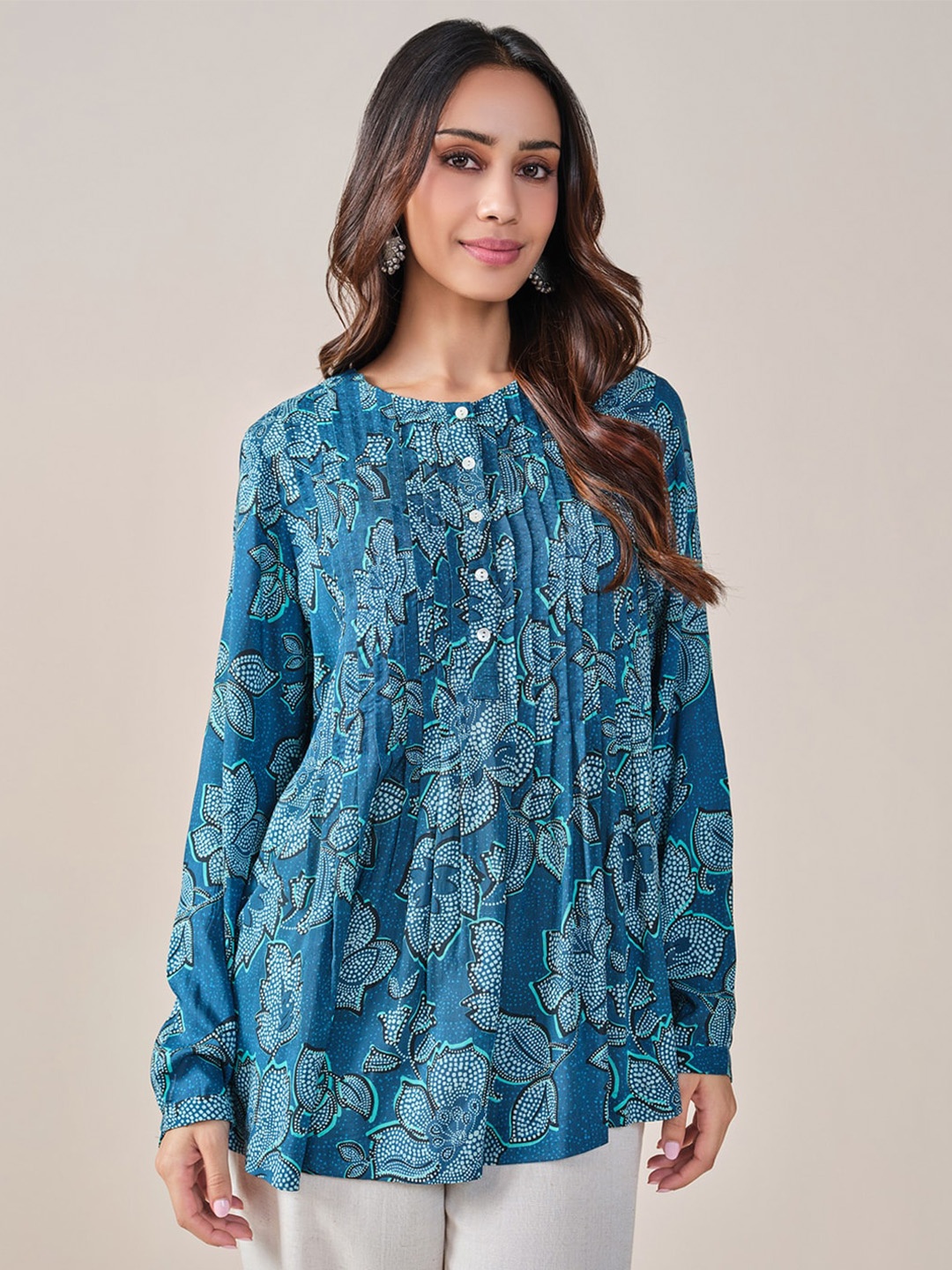 

Global Desi Floral Print Round Neck Long Sleeves Top, Blue