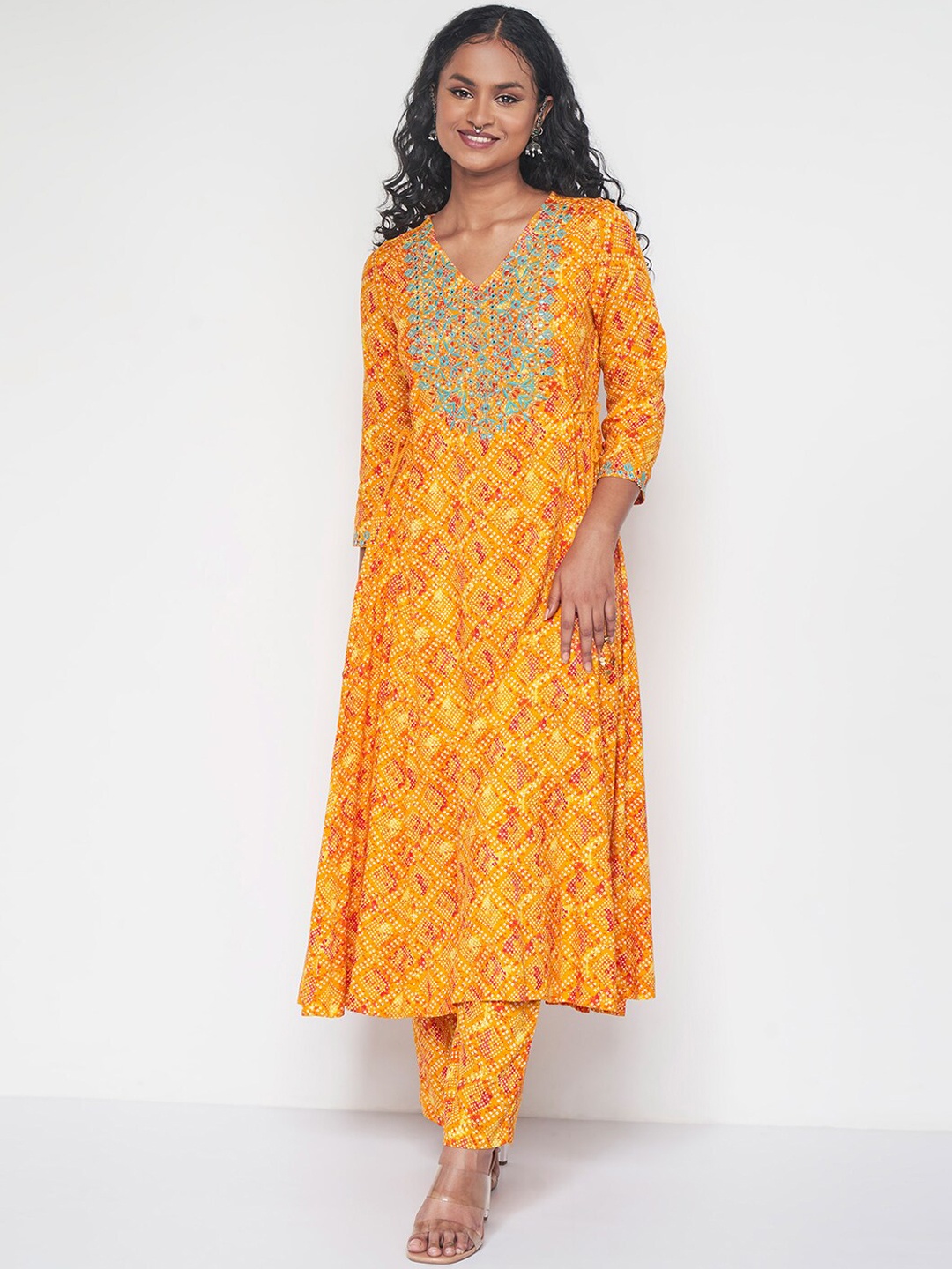 

Global Desi Bandhani Printed Thread Work Anarkali Kurta, Orange
