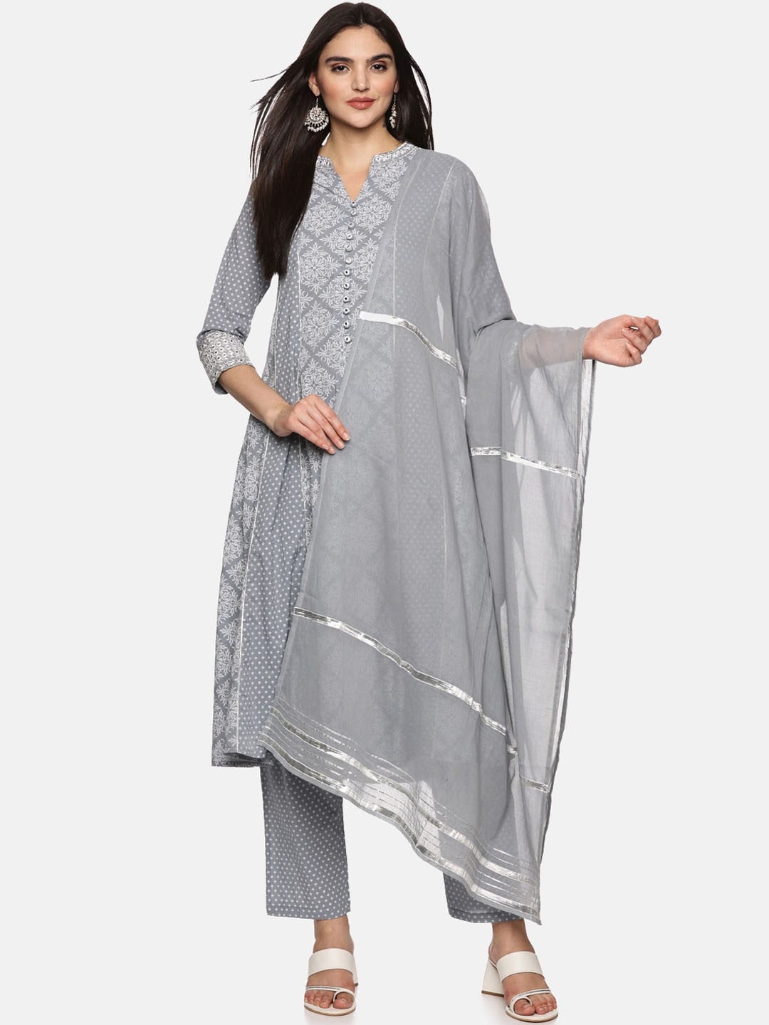 

Palakh Floral Printed Regular Mirror Work Pure Cotton Kurta with Trousers & With Dupatta, Grey