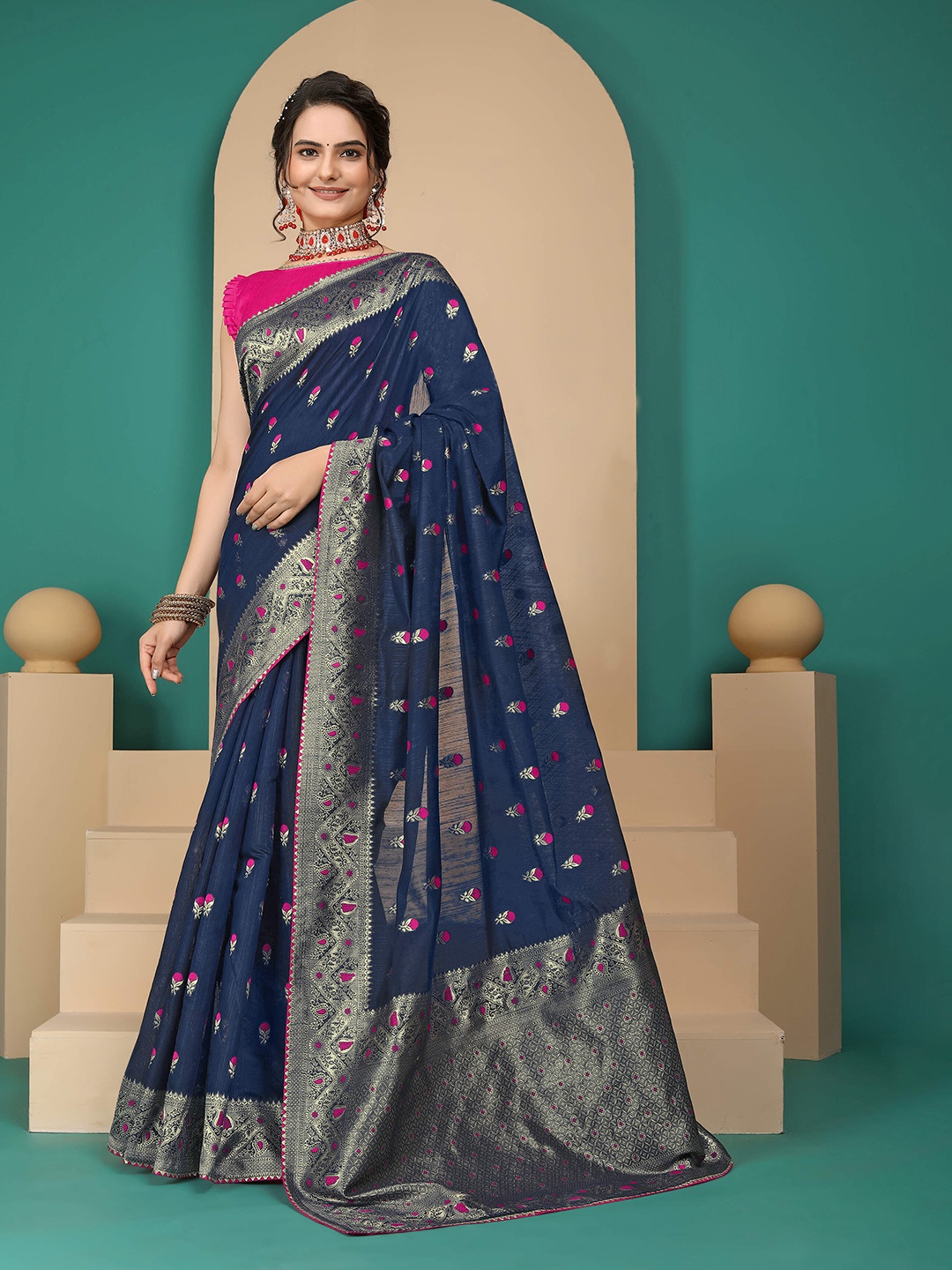 

Aagiri Woven Design Ethnic Motifs Zari Banarasi Saree, Blue