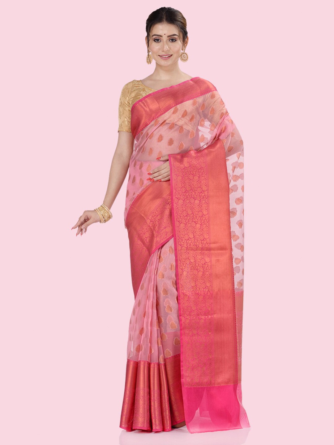 

BANARASI PATOLA Ethnic Woven Design Zari Organza Banarasi Saree, Pink