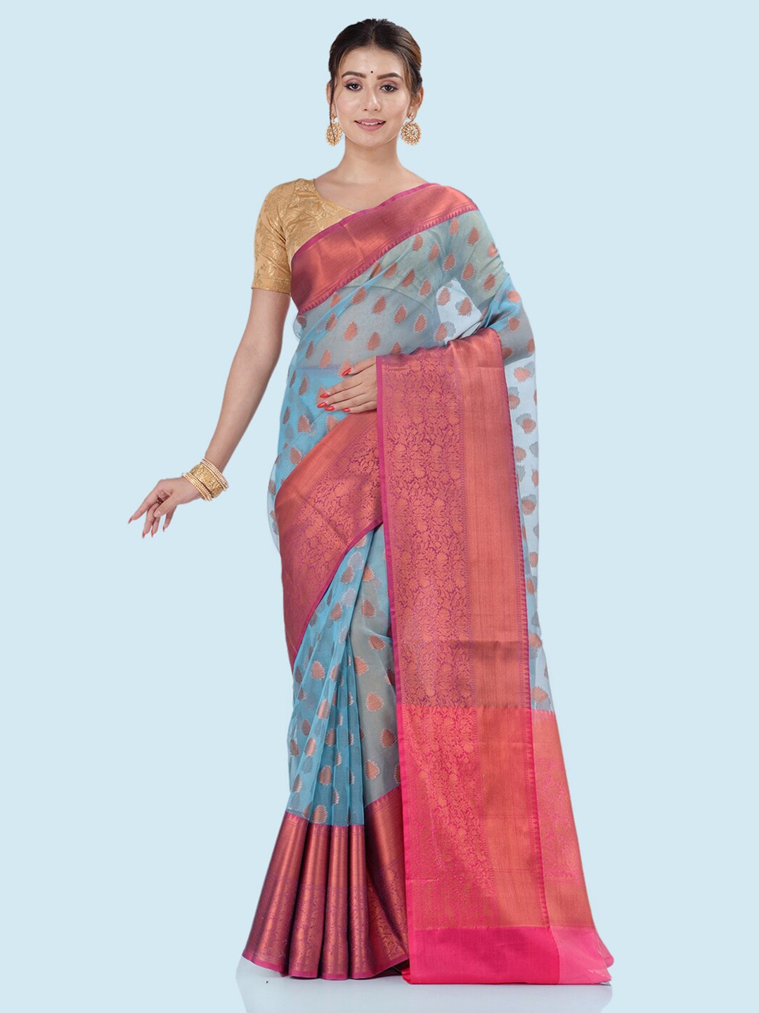 

BANARASI PATOLA Ethnic Motifs Woven Design Zari Organza Banarasi Saree, Blue