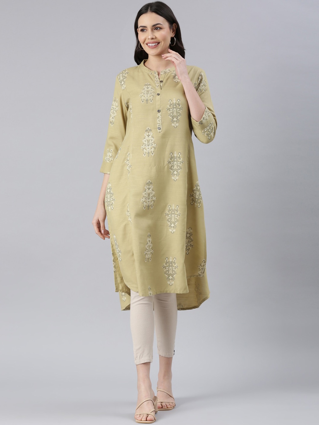 

Samhitas Ethnic Motifs Printed Mandarin Collar High-Low Cotton Silk Straight Kurta, Olive