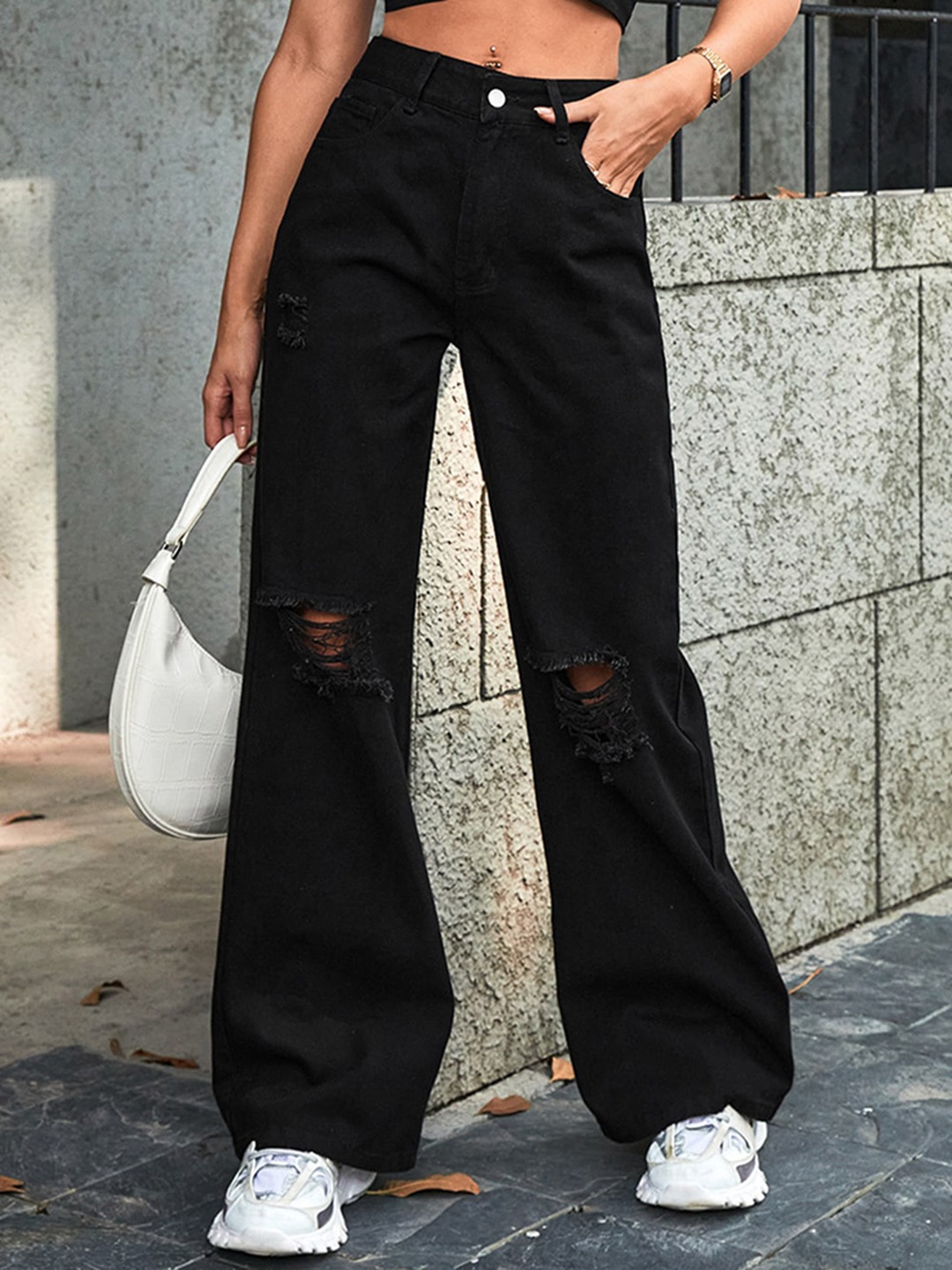 

LULU & SKY Women Wide Leg High-Rise Slash Knee Stretchable Jeans, Black