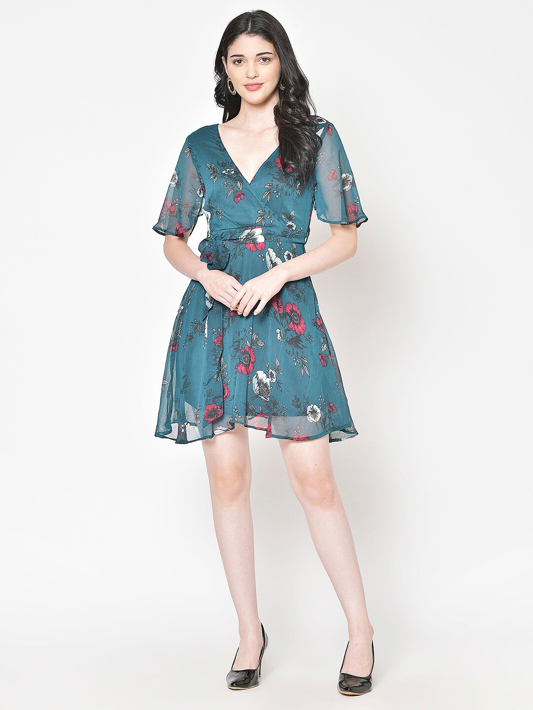 

BAESD Floral Print Flared Sleeve Chiffon Dress, Blue