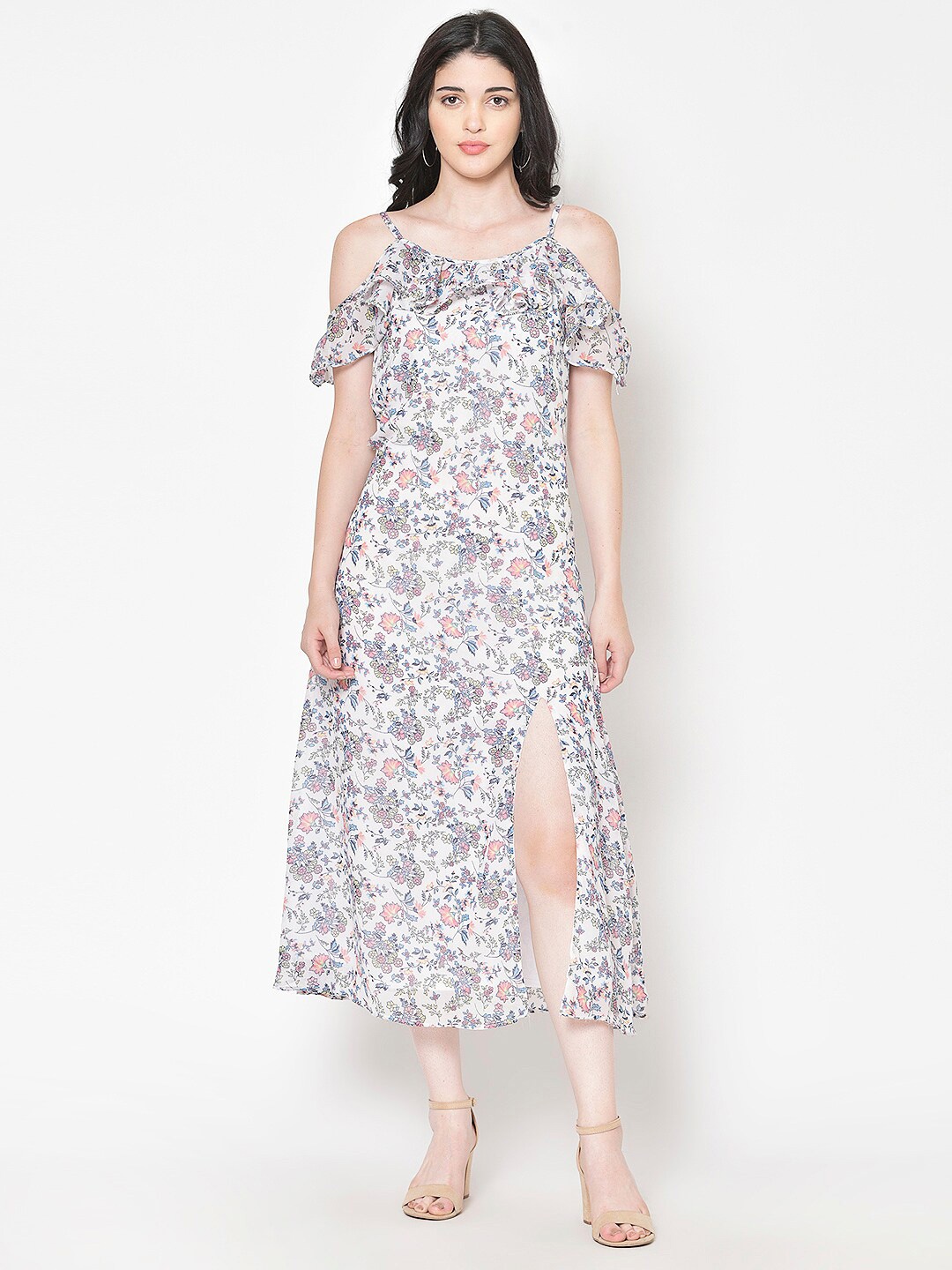 

BAESD Floral Print Cold-Shoulder Georgette A-Line Midi Dress, White