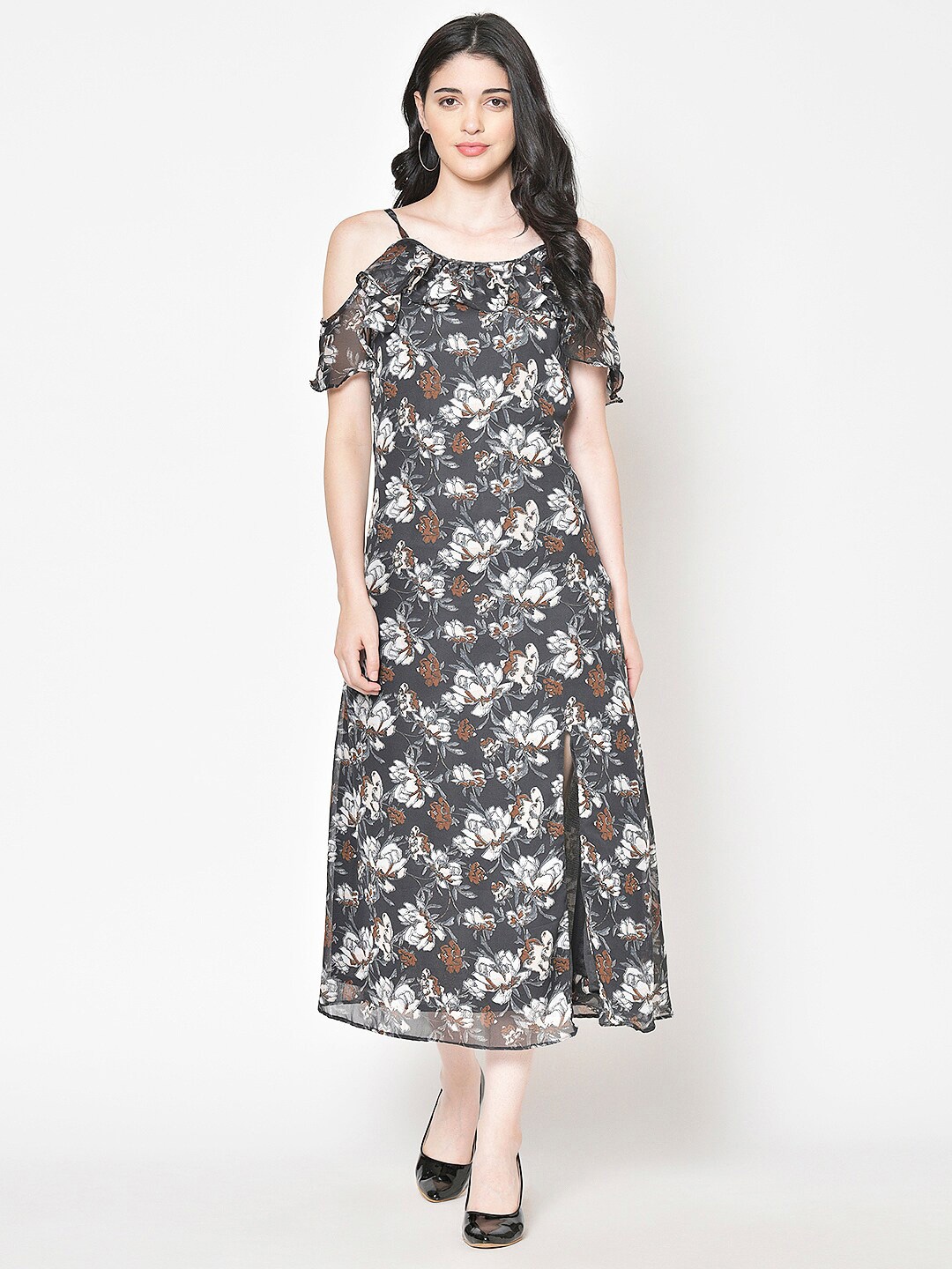 

BAESD Floral Print Cold-Shoulder Georgette Fit & Flare Midi Dress, Black